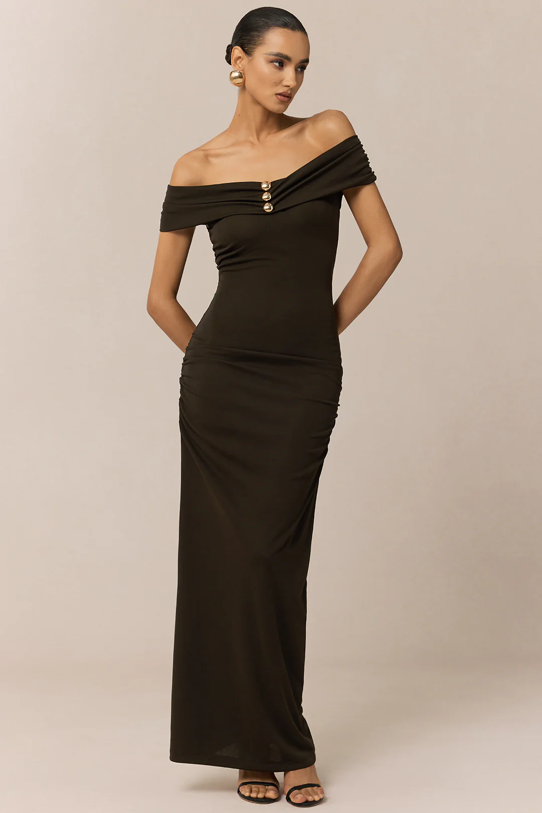 Off Shoulder Metallic Button Maxi Dress - Weenar