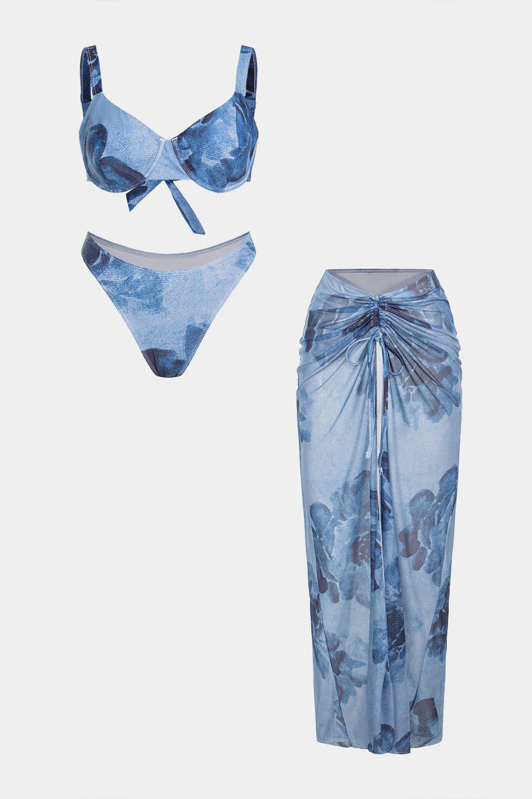 Floral Print Mesh Halter Ruched Bikini Set - Weenar