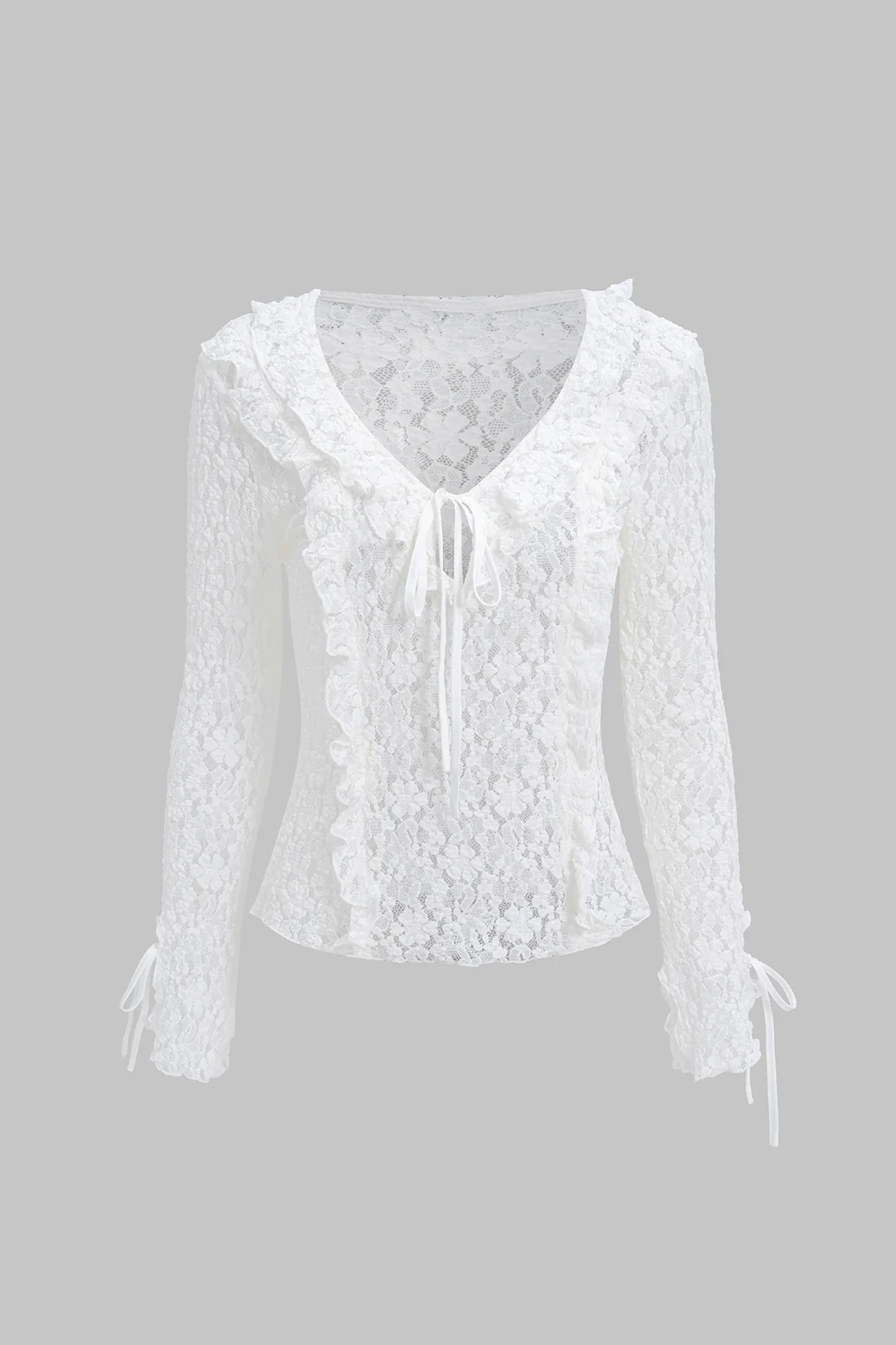 Lace V-Neck Tie Up Ruffle Long-Sleeve Top - Weenar