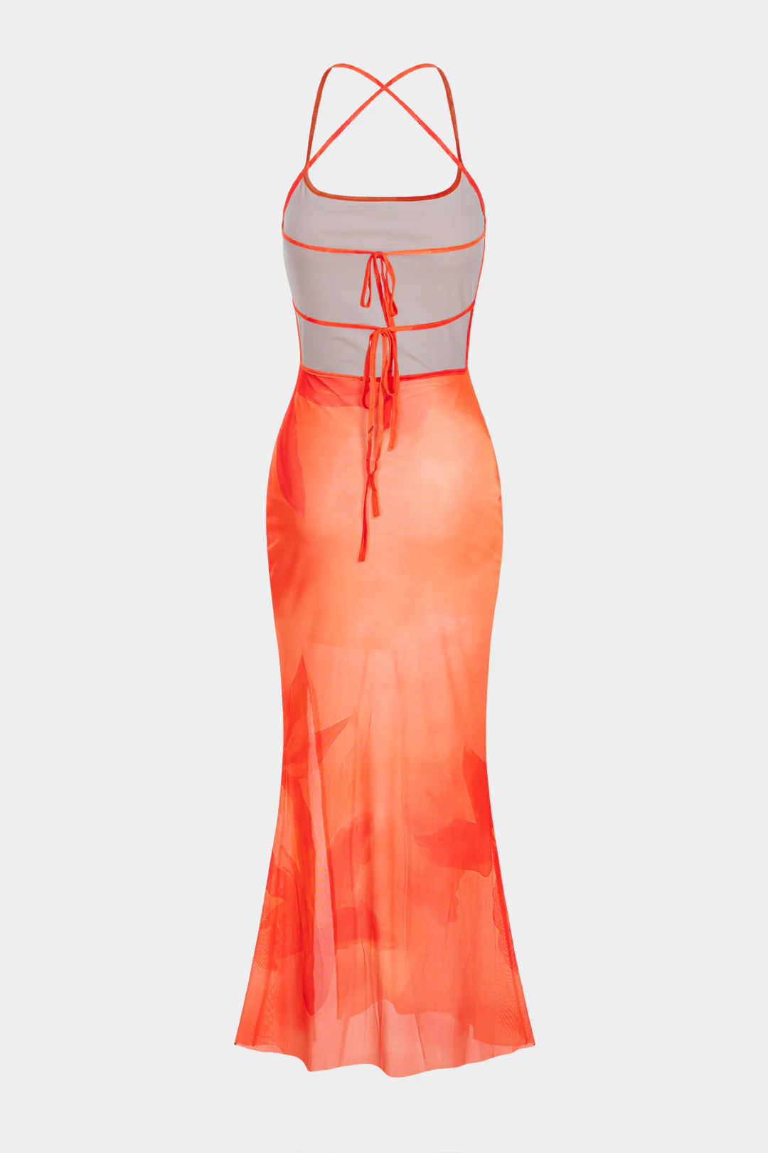 Floral Print Mesh Crossed Tie-Up Backless Slip Sleeveless Maxi Dress - Weenar