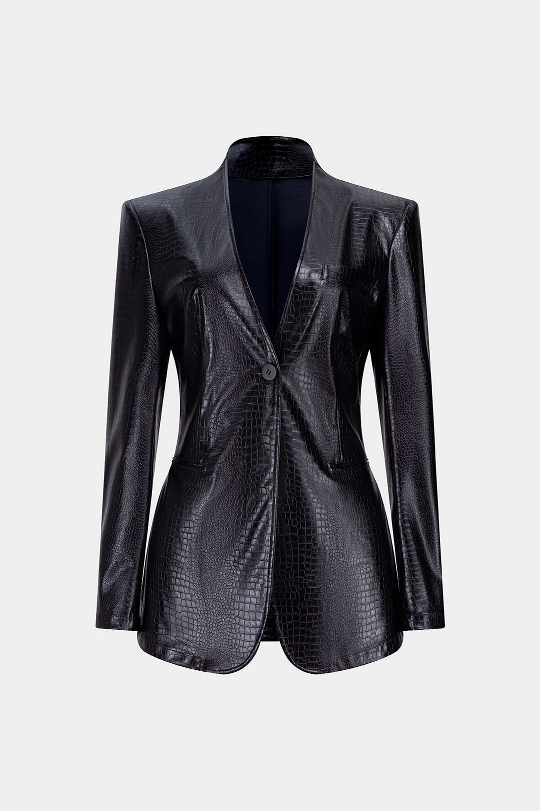 Crocodile Print Faux Leather V-Neck Pocket Jakcet - Weenar