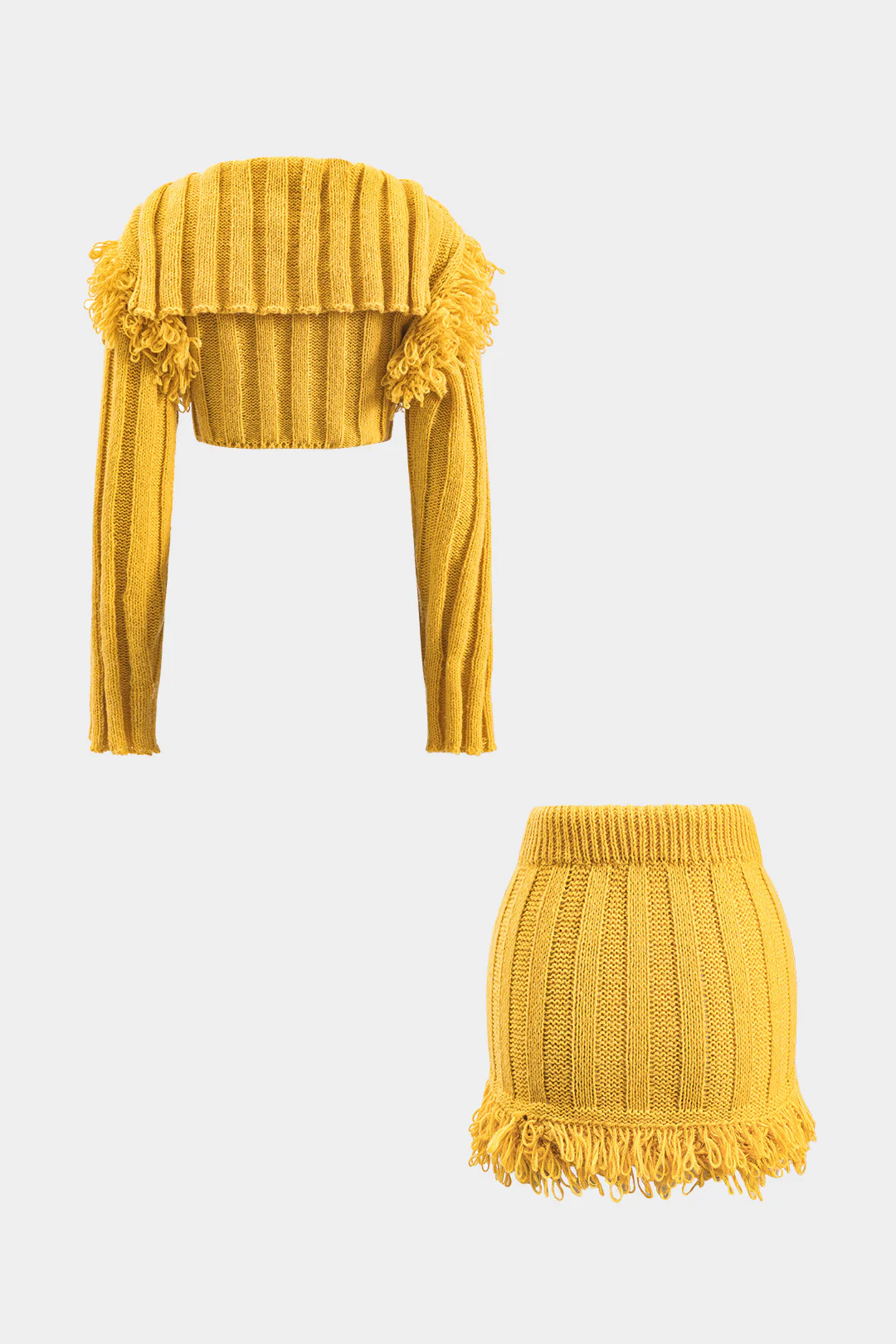 Knit Fringe Long-Sleeve Top And Drawstring Tie-Up Mini Skirt Set - Weenar