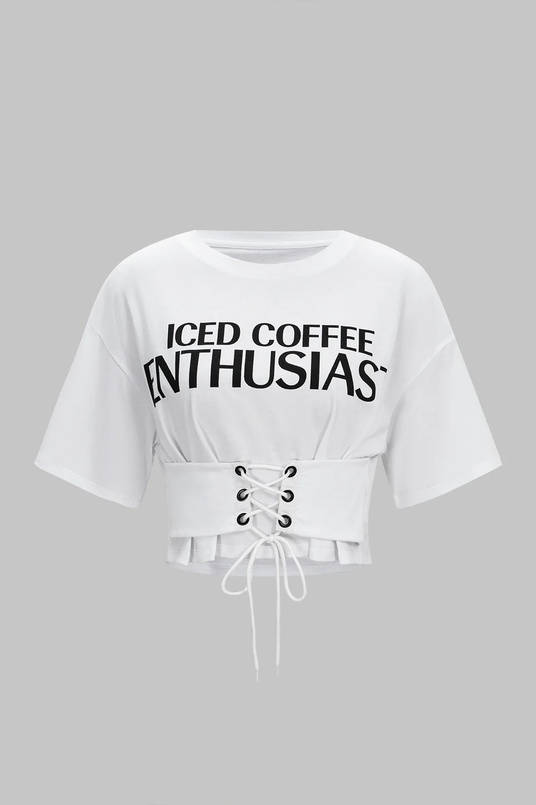 Letter Print Round Neck Tie-Up Short Sleeve T-Shirt - Weenar