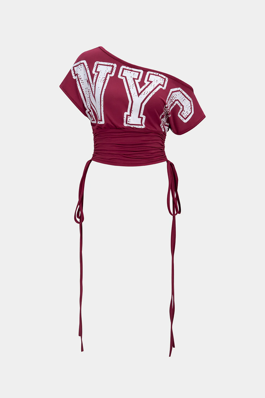 Letter Print One Shoulder Waist Drawstring Ruched Short Sleeve T-Shirt - Weenar