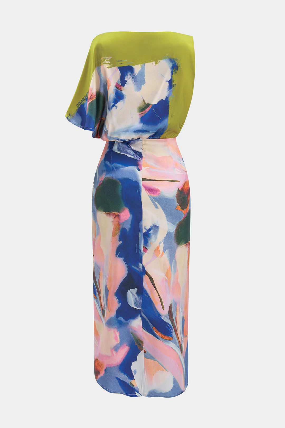 Abstract Print Satin Asymmetrical Short-Sleeve Maxi Dress - Weenar