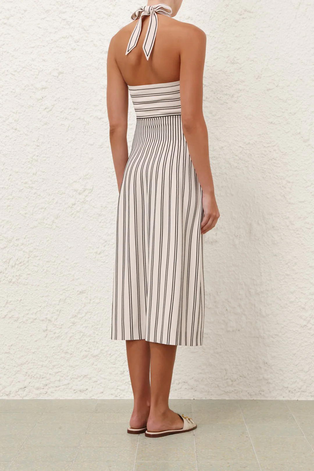 Contrast Stripes Halter Neck Tie Back Twist Knot Sleeveless Midi Dress - Weenar
