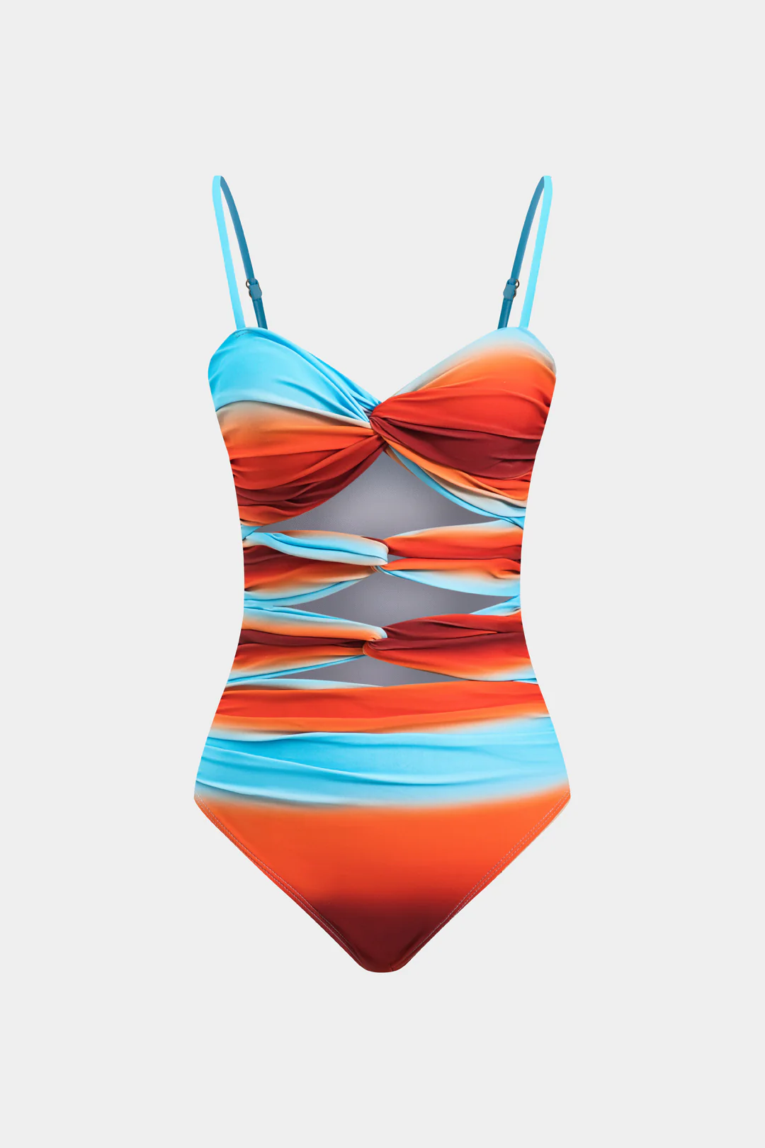 Ombre Print Cut Out Ruched Twist Knot Tummy Control One-Piece Swimsuit - Weenar