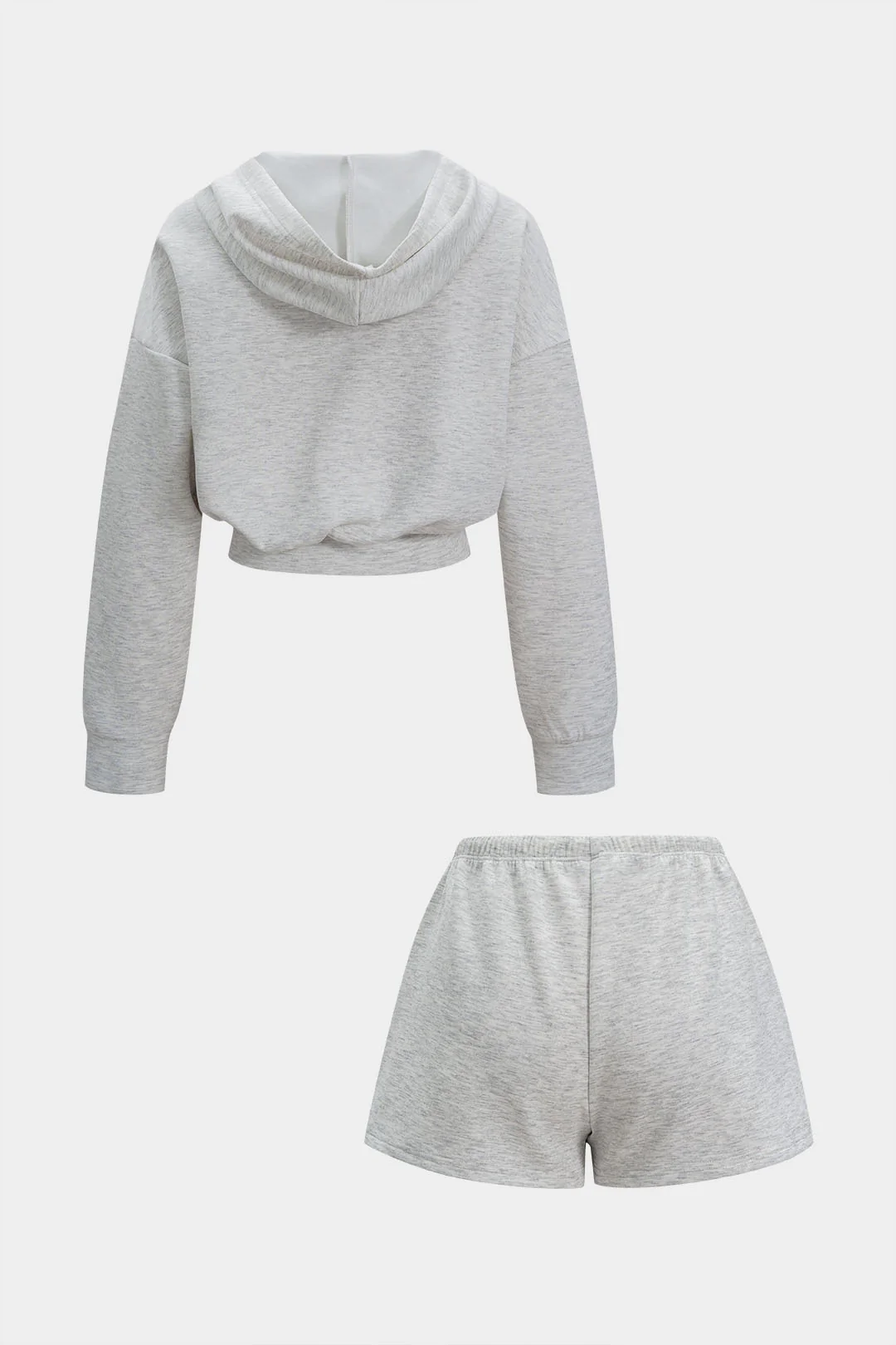 Hooded Pocket Zipper Long Sleeve Sweatshirt And Drawstring Shirred Waistband Shorts Set - Weenar
