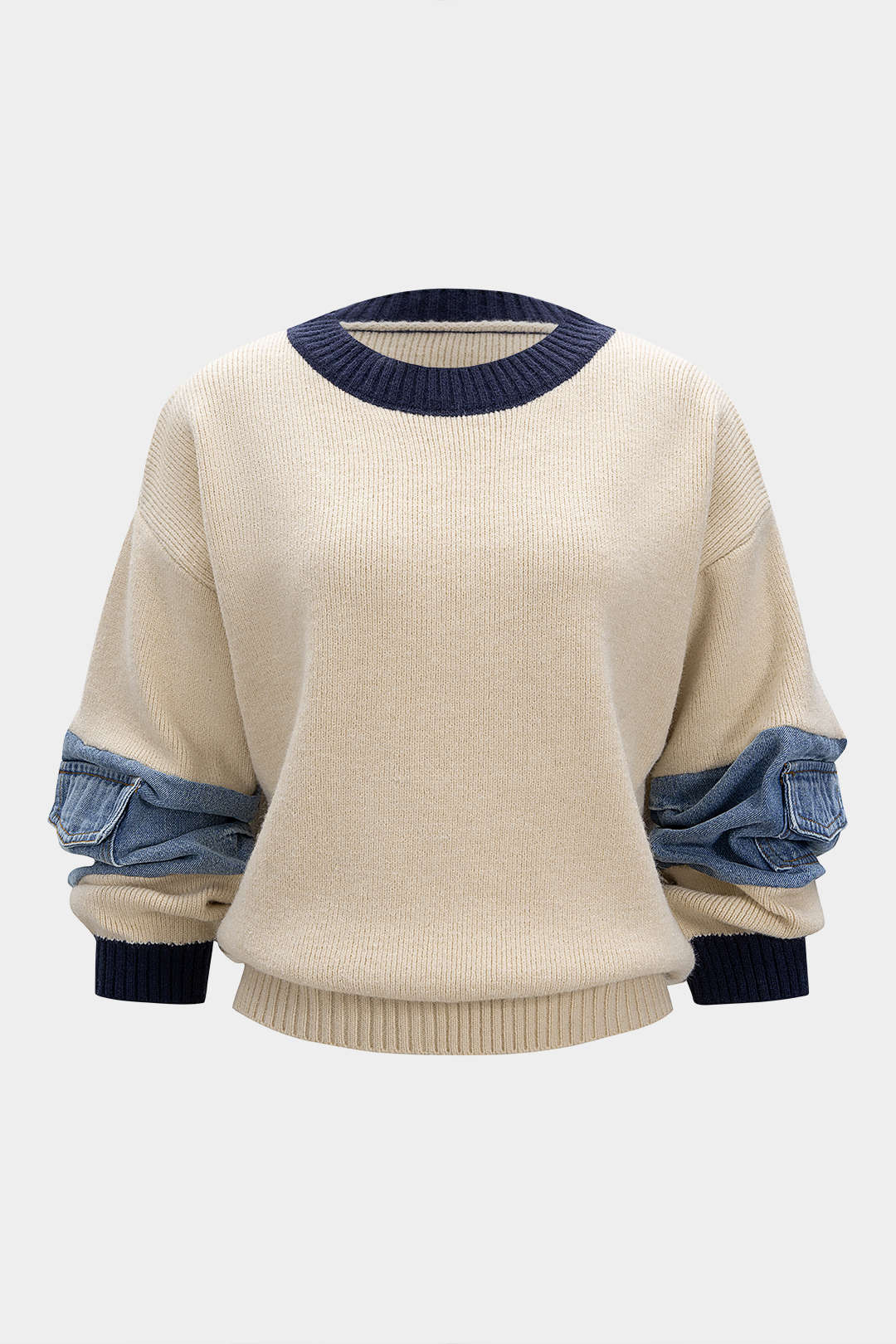 Knit Denim Patchwork Contrast Ribbed Long-Sleeve Top - Weenar