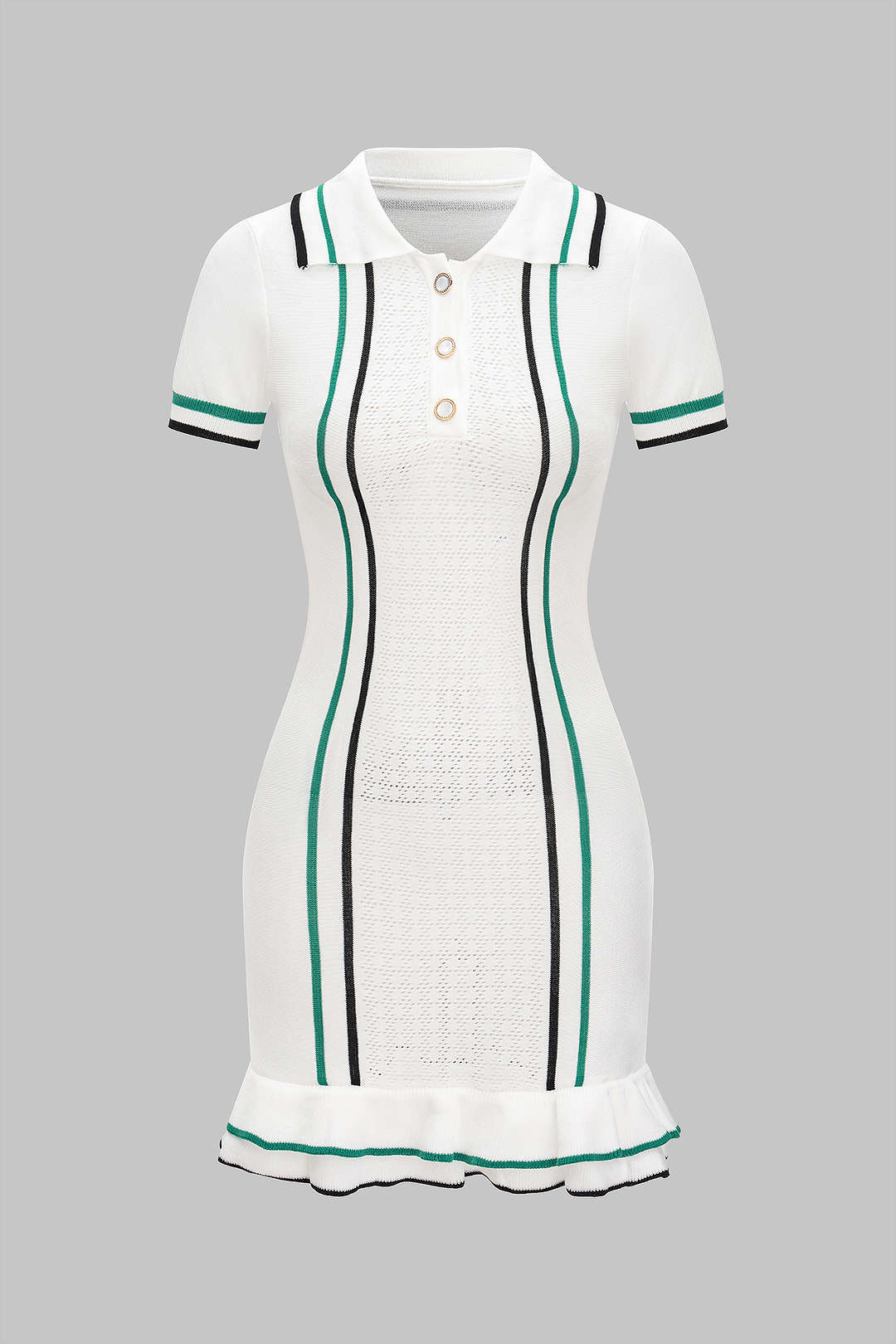 Knit Contrast Button Ruffle Short Sleeve Dress - Weenar