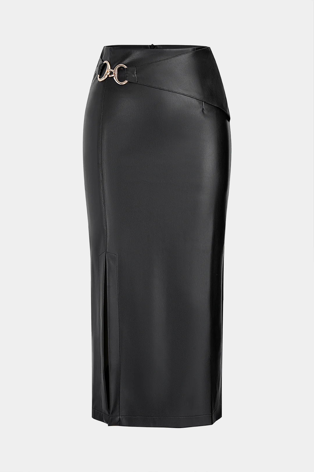 Faux Leather Metallic Buckle Slit Skirt - Weenar