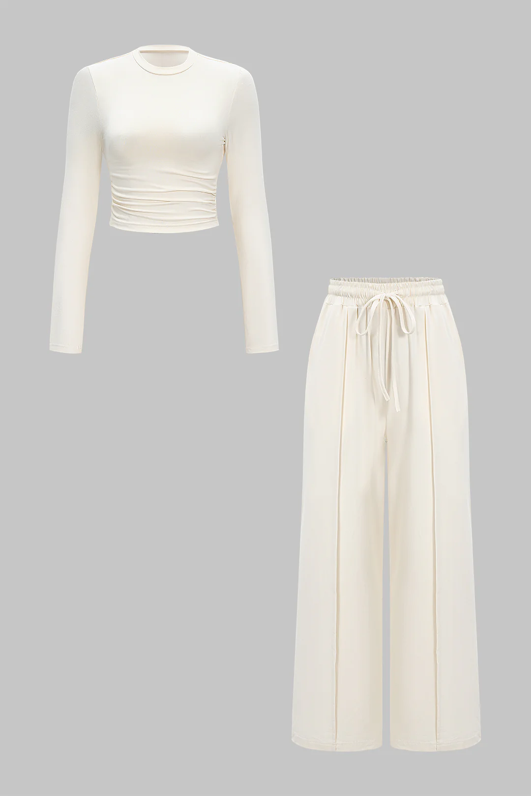 Ruched Long-Sleeve Top And Tie-Up High Waist Wide Leg Trousers Set - Weenar