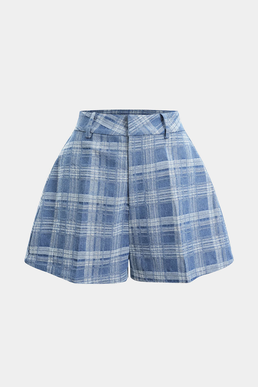 Denim Plaid Print Button Zipper Shorts - Weenar