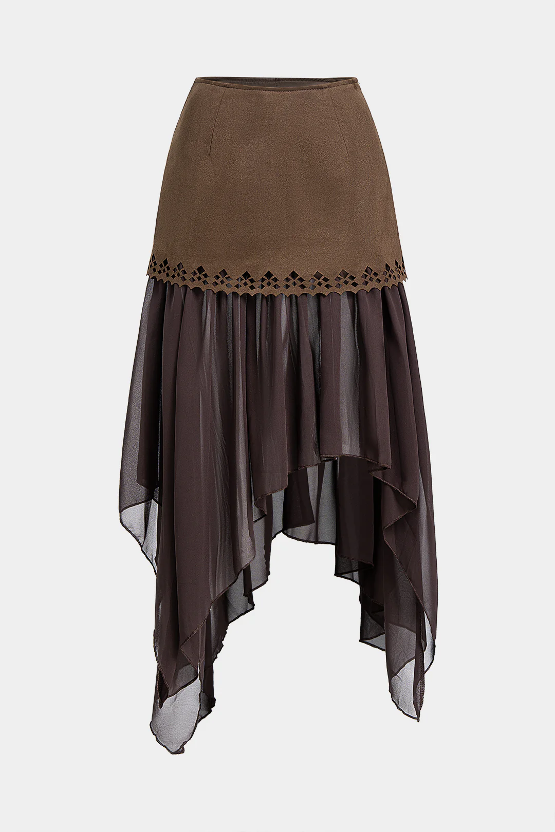 Suede Patchwork Mesh Cut Out Irregular Hem Skirt - Weenar