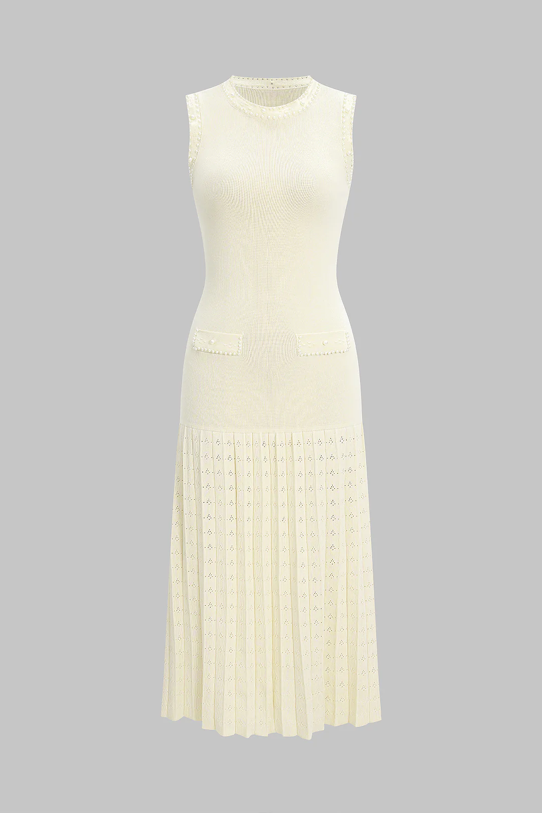 Knit Round Neck Hollow Out Pearls Decor Sleeveless Dress - Weenar