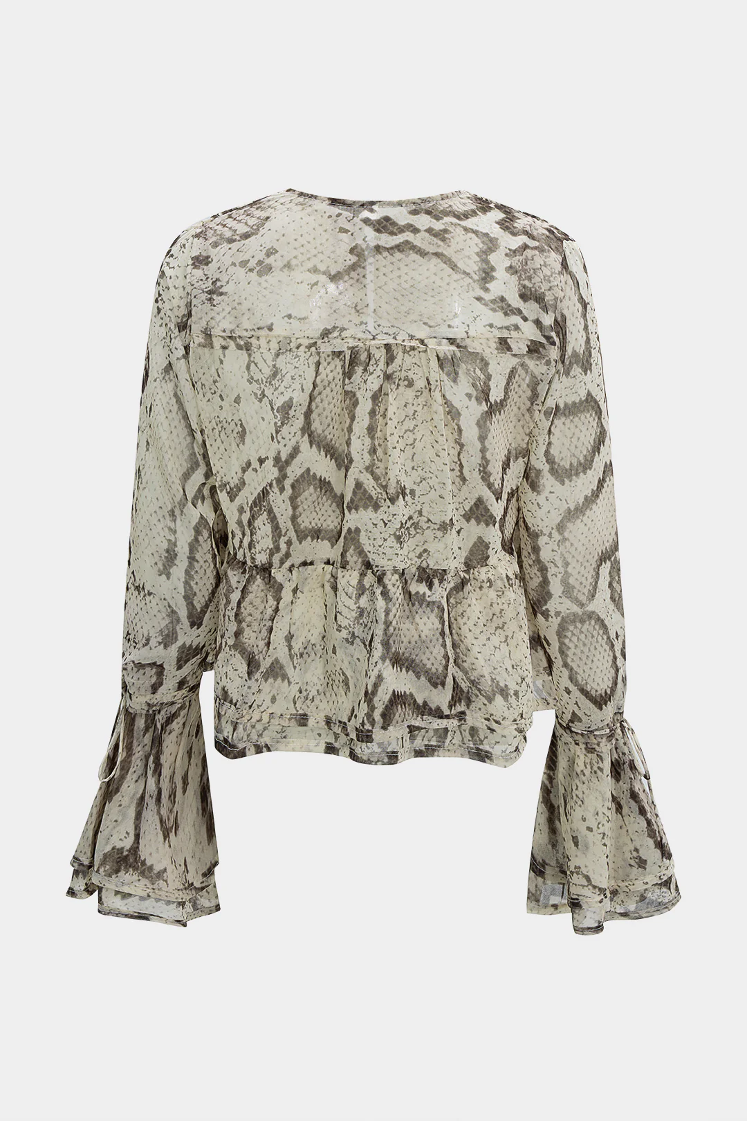 Snake Skin Print Chiffon Ruffle Strappy Long-Sleeve Top - Weenar