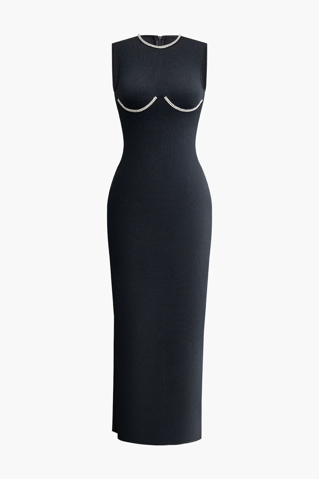 Knit Rhinestone Decor Round Neck High Slit Sleeveless Dress - Weenar