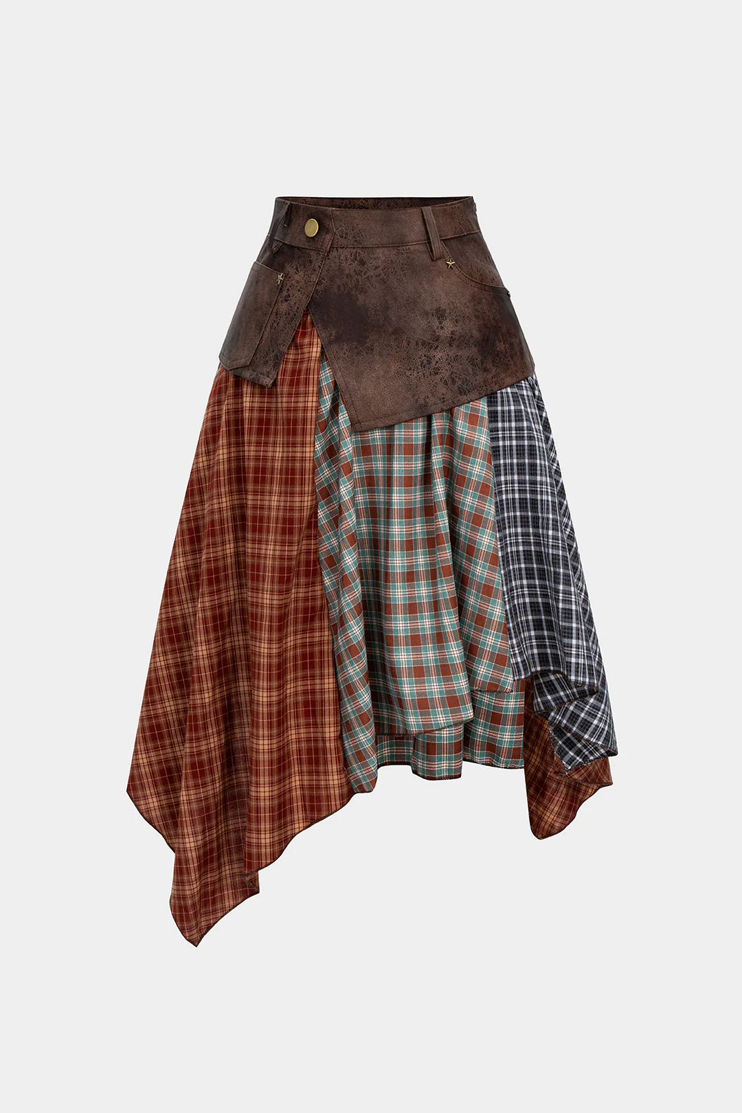 Plaid Contrast Print Faux Leather Patchwork Irregular Hem Skirt - Weenar
