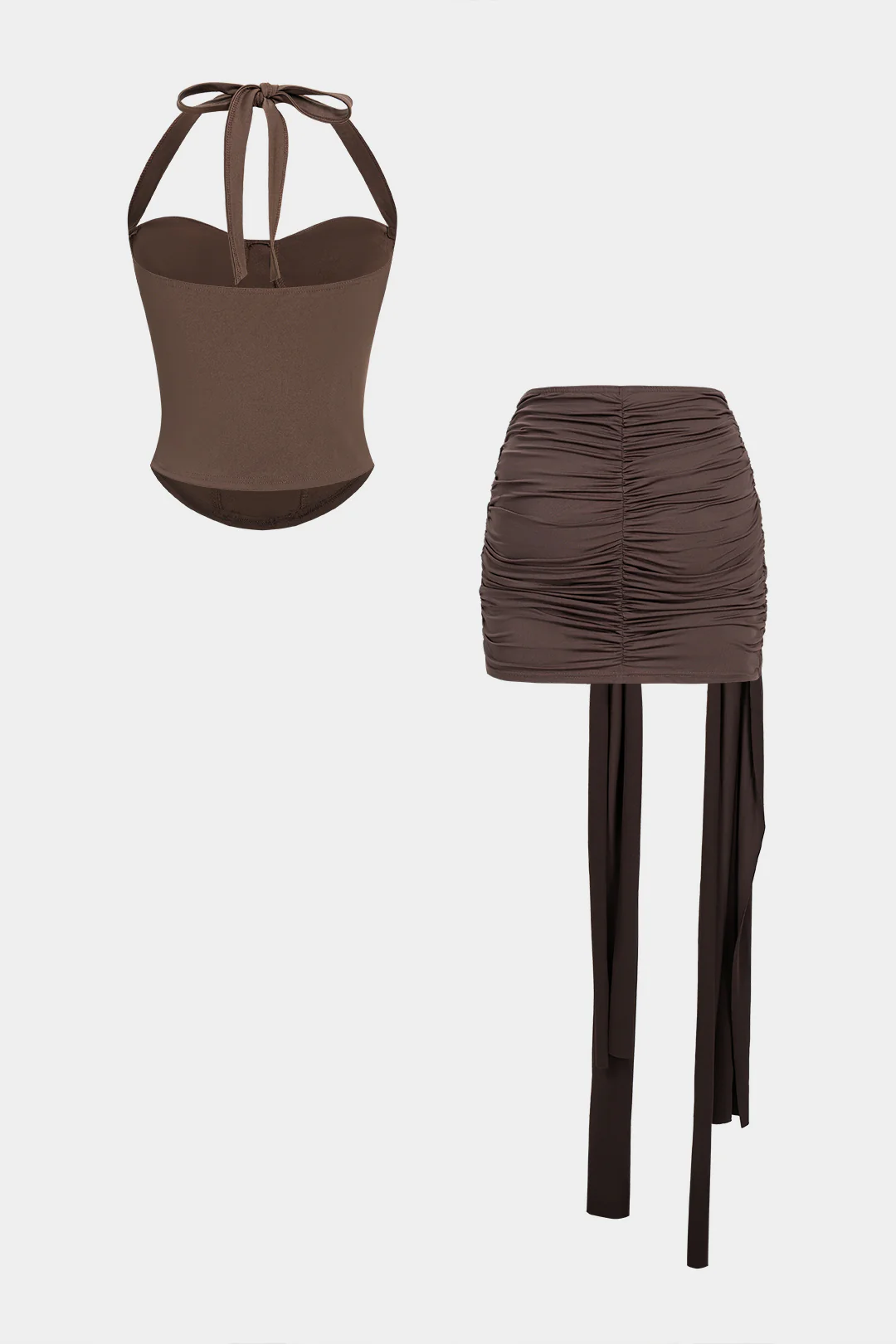 Halter Tie Back Sleeveless Top And Asymmetrical Ruched Skirt Set - Weenar