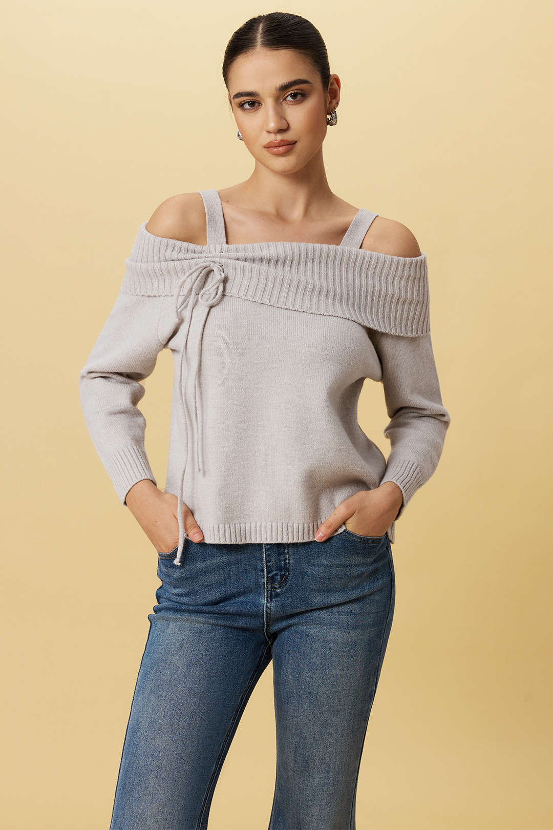 Knit Off-Shoulder Bow Long-Sleeve Top - Weenar