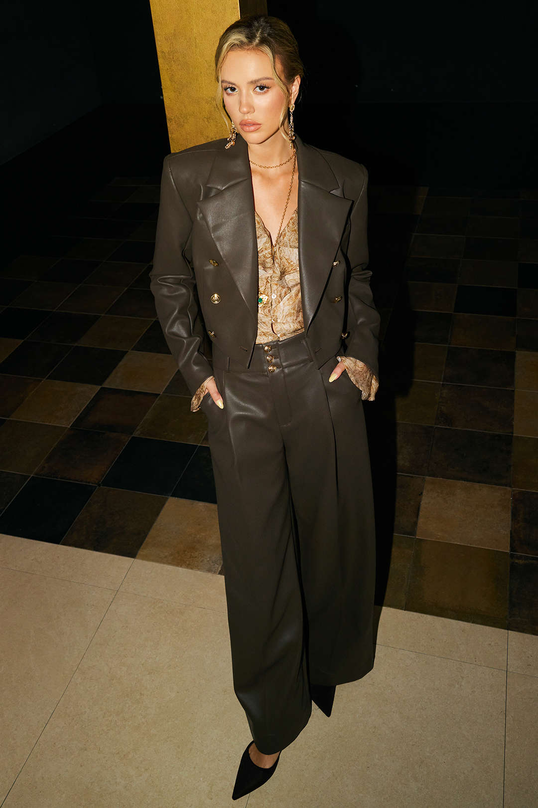 Faux Leather Metallic Button Straight Leg Trousers - Weenar