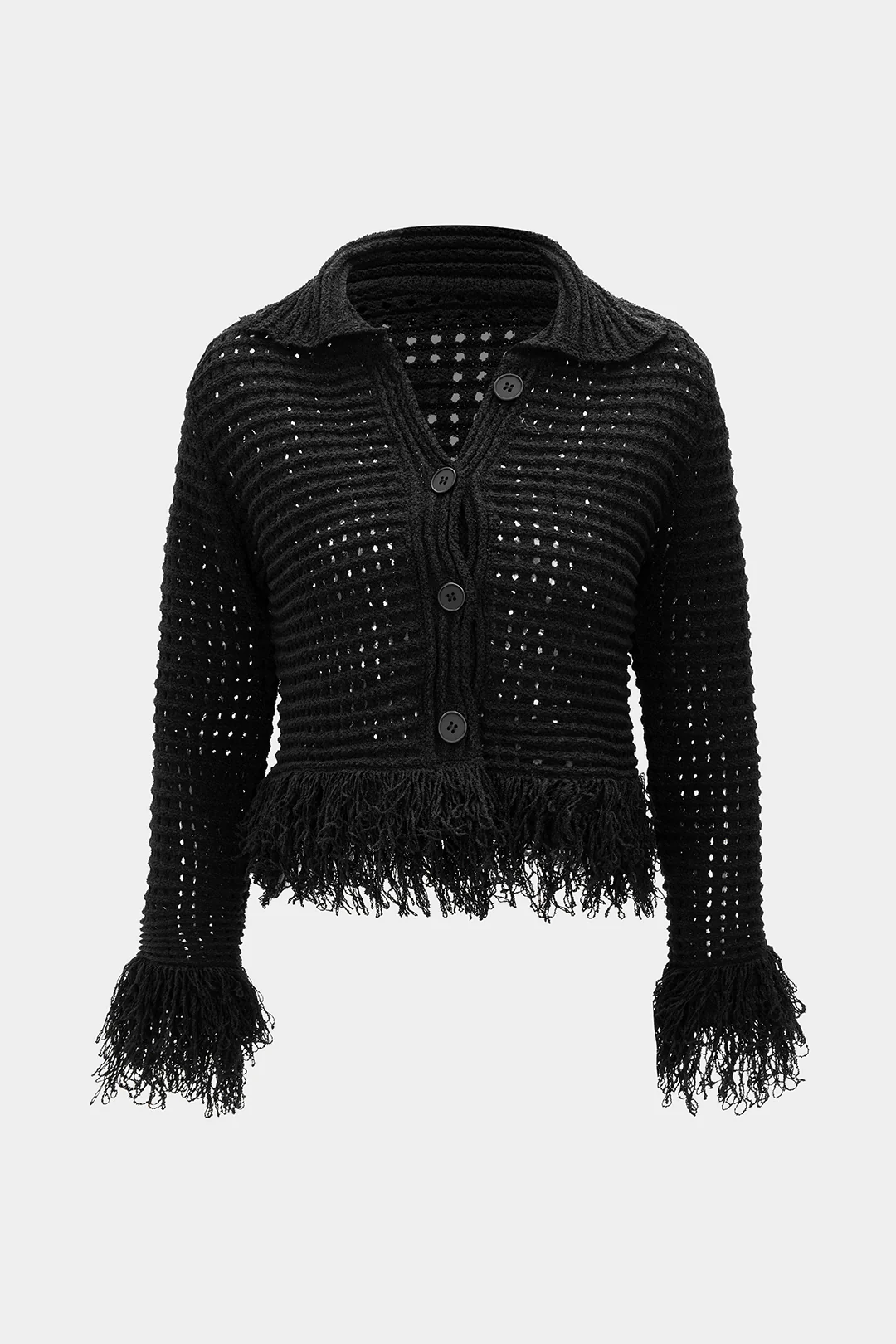 Knit Fringe Cut Out Long-Sleeve Top - Weenar