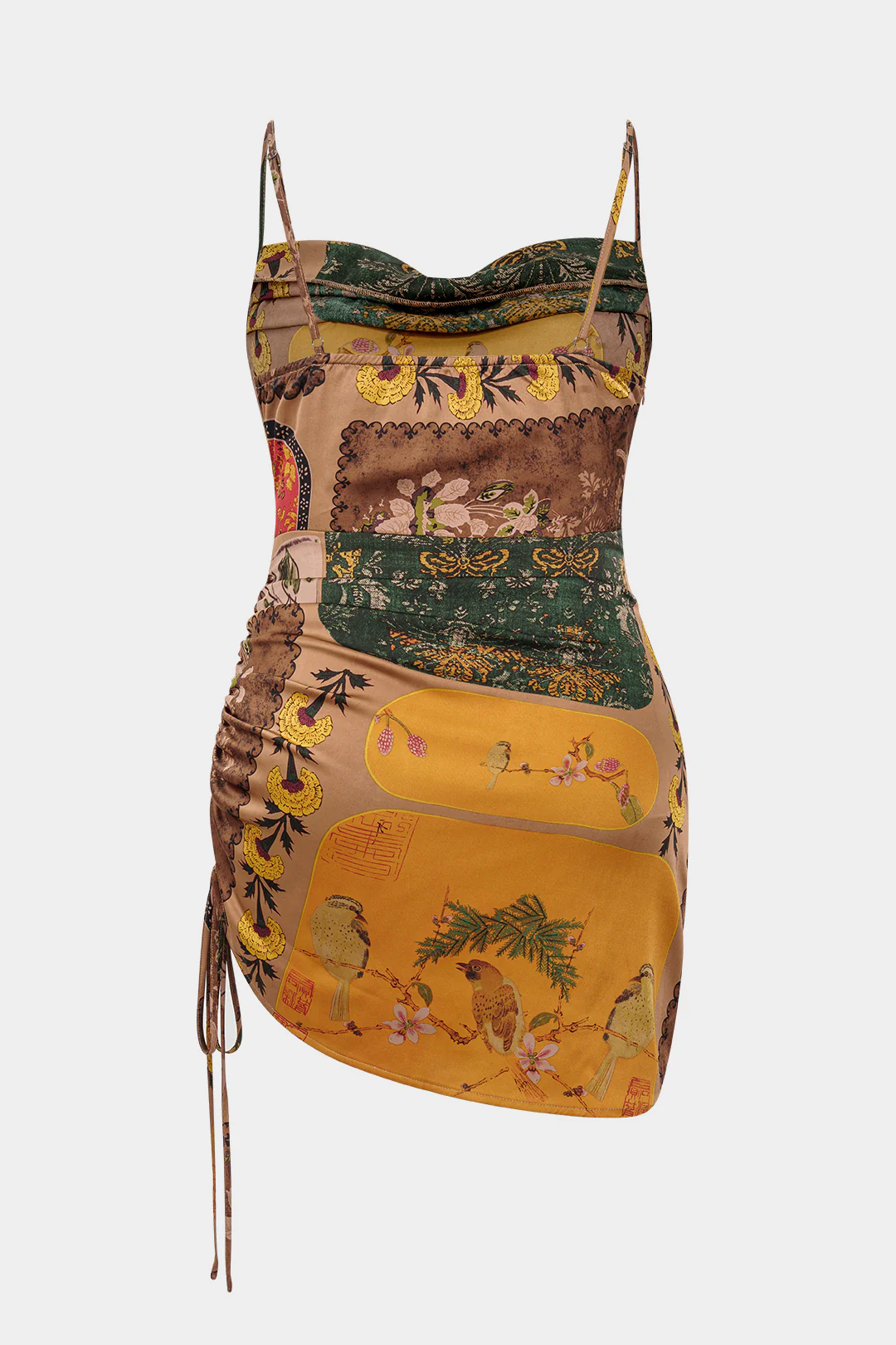 Plus Size Bohemian Print Cowl Neck Ruched Sleeveless Mini Dress - Weenar