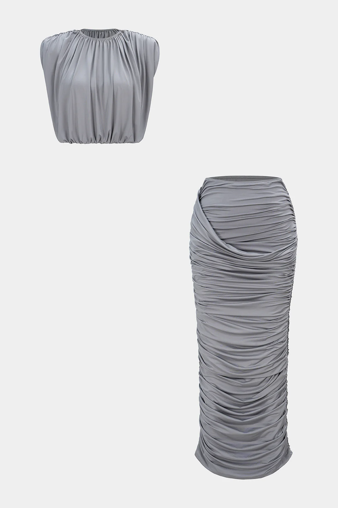 Ruched Round Neck Cropped Tank Top And High Waist Skirt Set - Weenar
