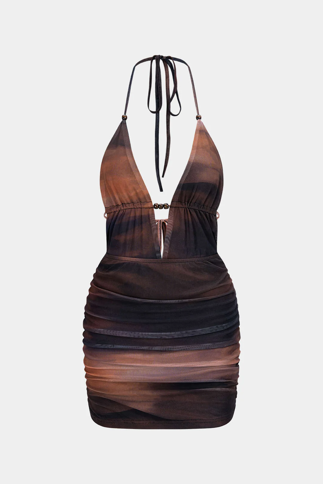 Tie Dye Print Mesh Halter Deep V-Neck Tie-Up Sleeveless Mini Dress - Weenar