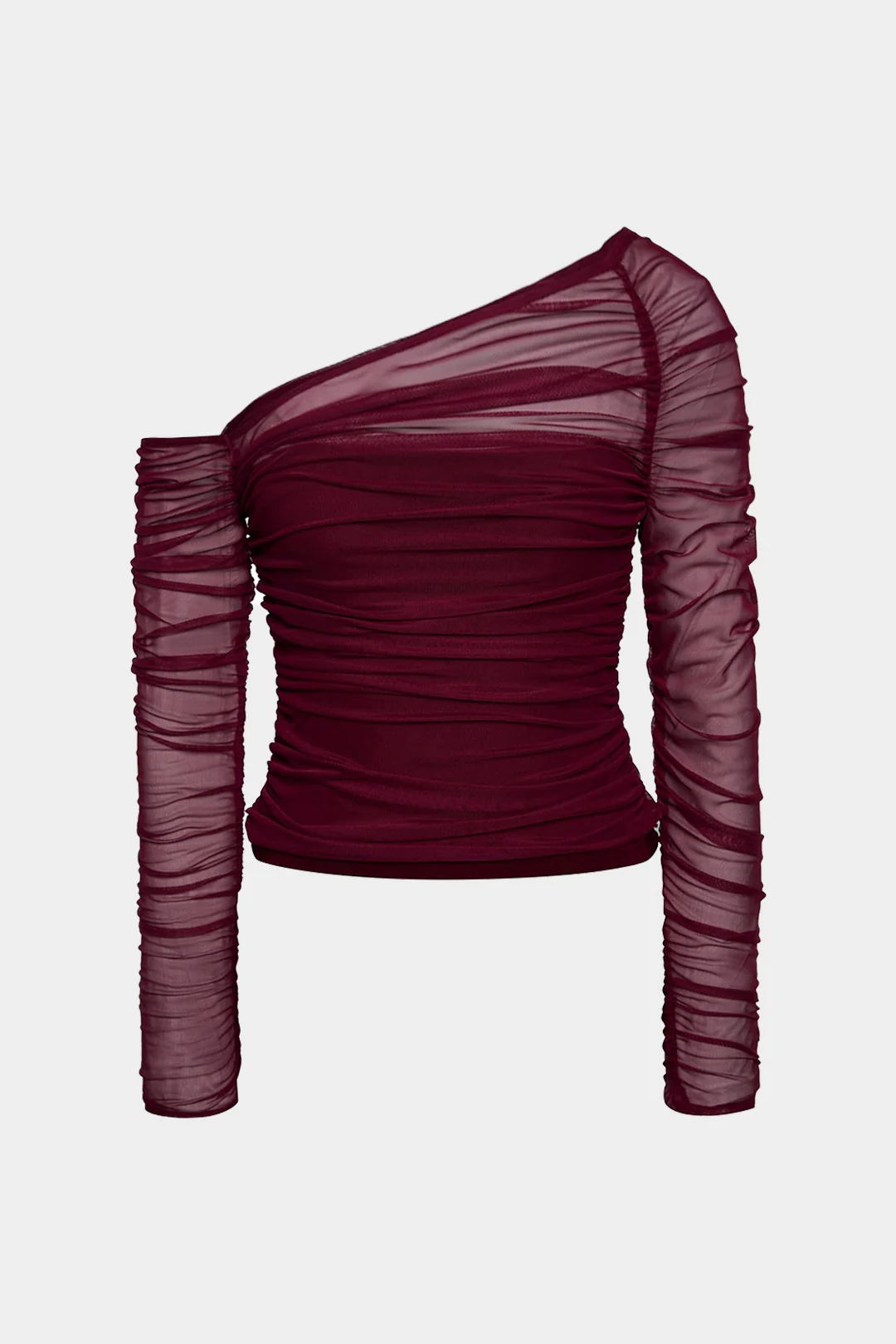 Mesh One-Shoulder Ruched Long-Sleeve Top - Weenar
