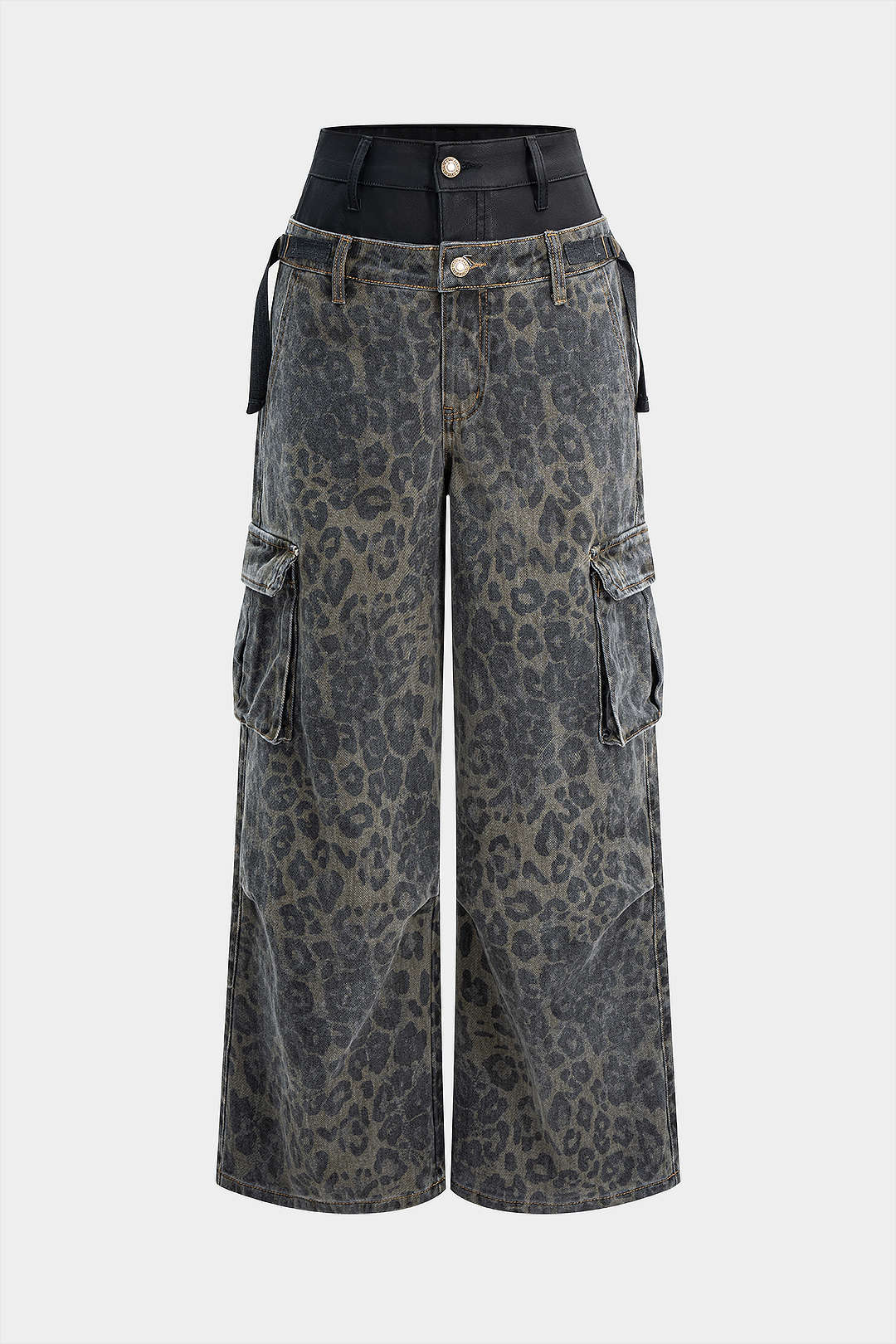 Denim Leopard Print Faux Leather Double Waistband Jeans - Weenar