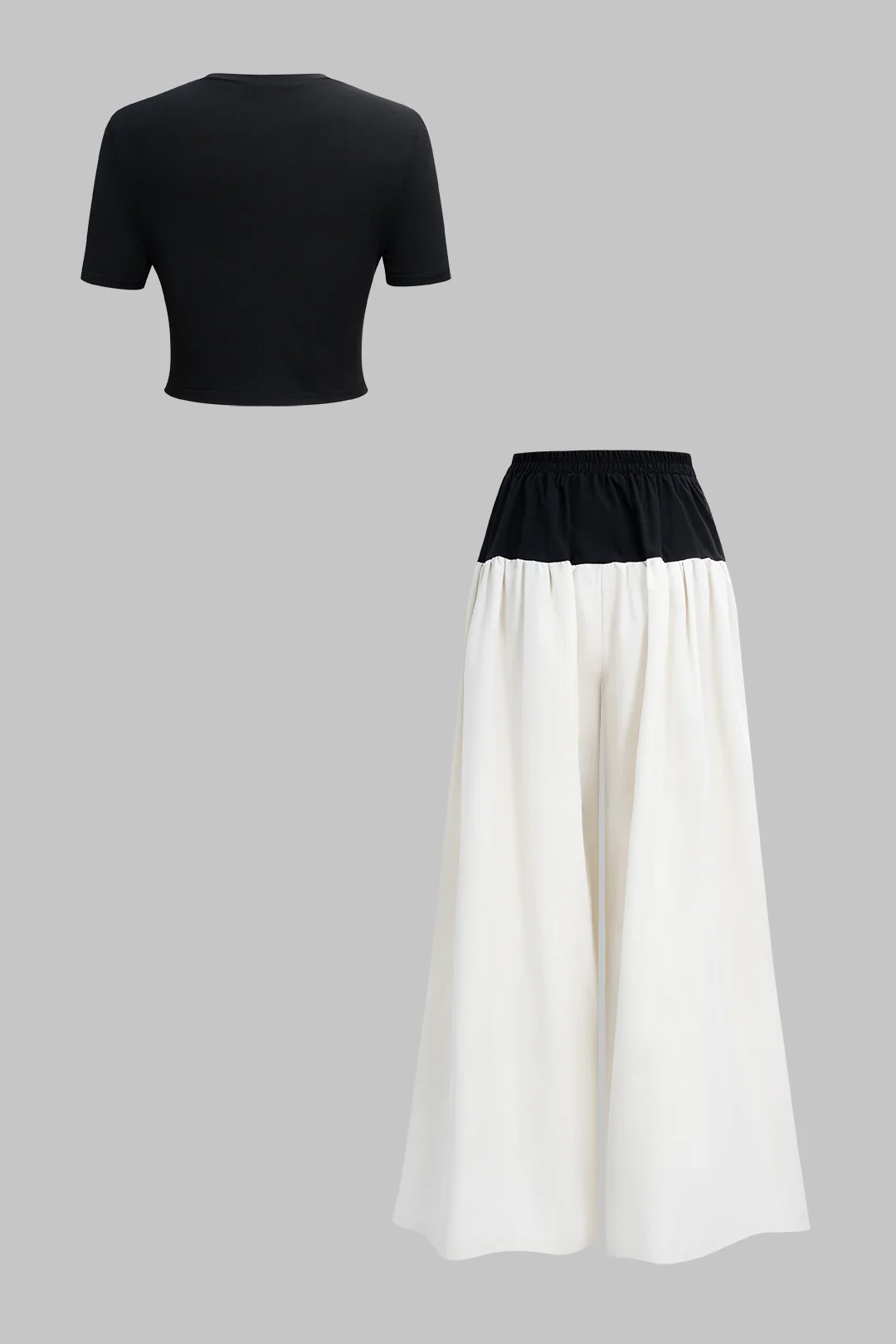 Solid Short-Sleeve T-Shirt And Contrast Ruched Wide Leg Trousers Set - Weenar