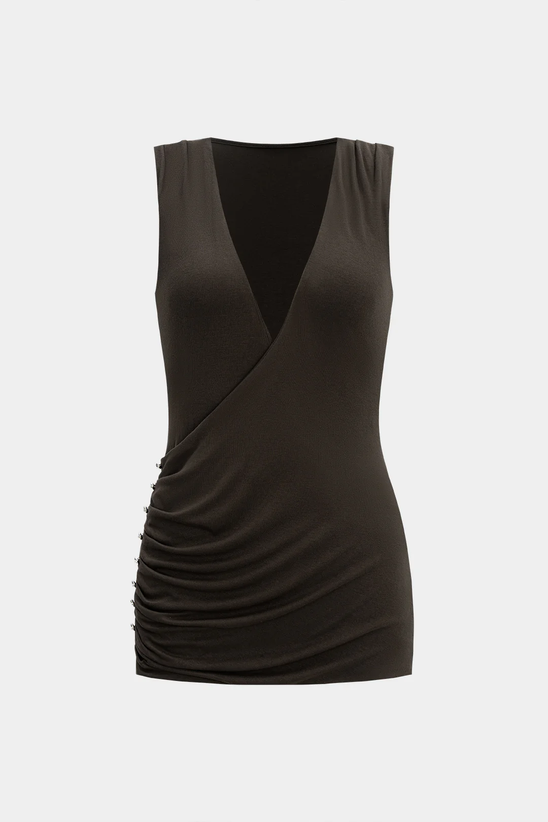 Deep V-Neck Pleated Button Tank Top - Weenar