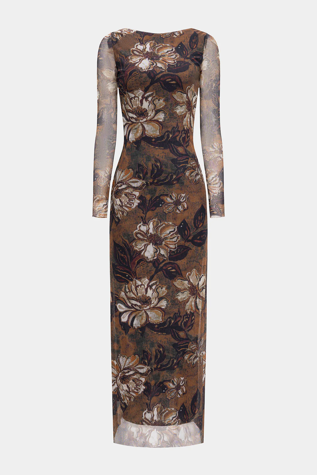 Mesh Floral Retro Print Backless Long Sleeve Maxi Dress - Weenar