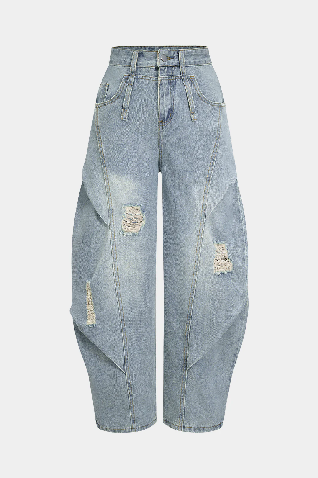 Denim Ripped Ruched Barrel Jeans - Weenar