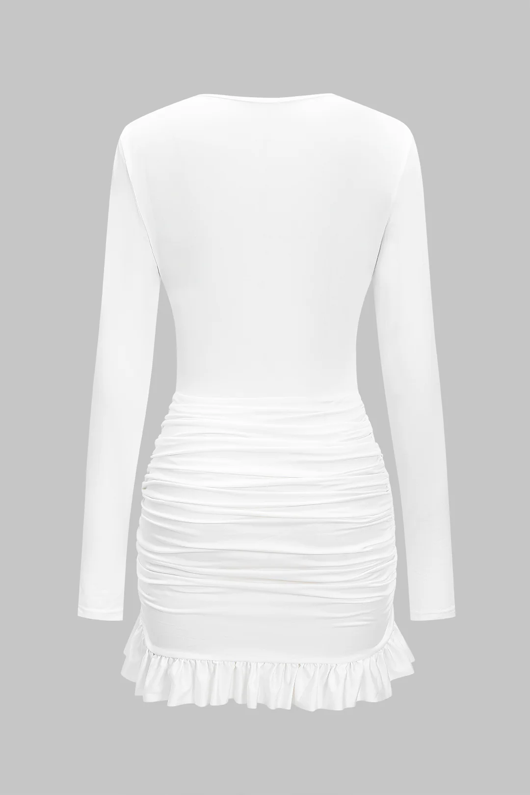 V-Neck Ruched Twist Knot Scallop Edge Long Sleeve Mini Dress - Weenar