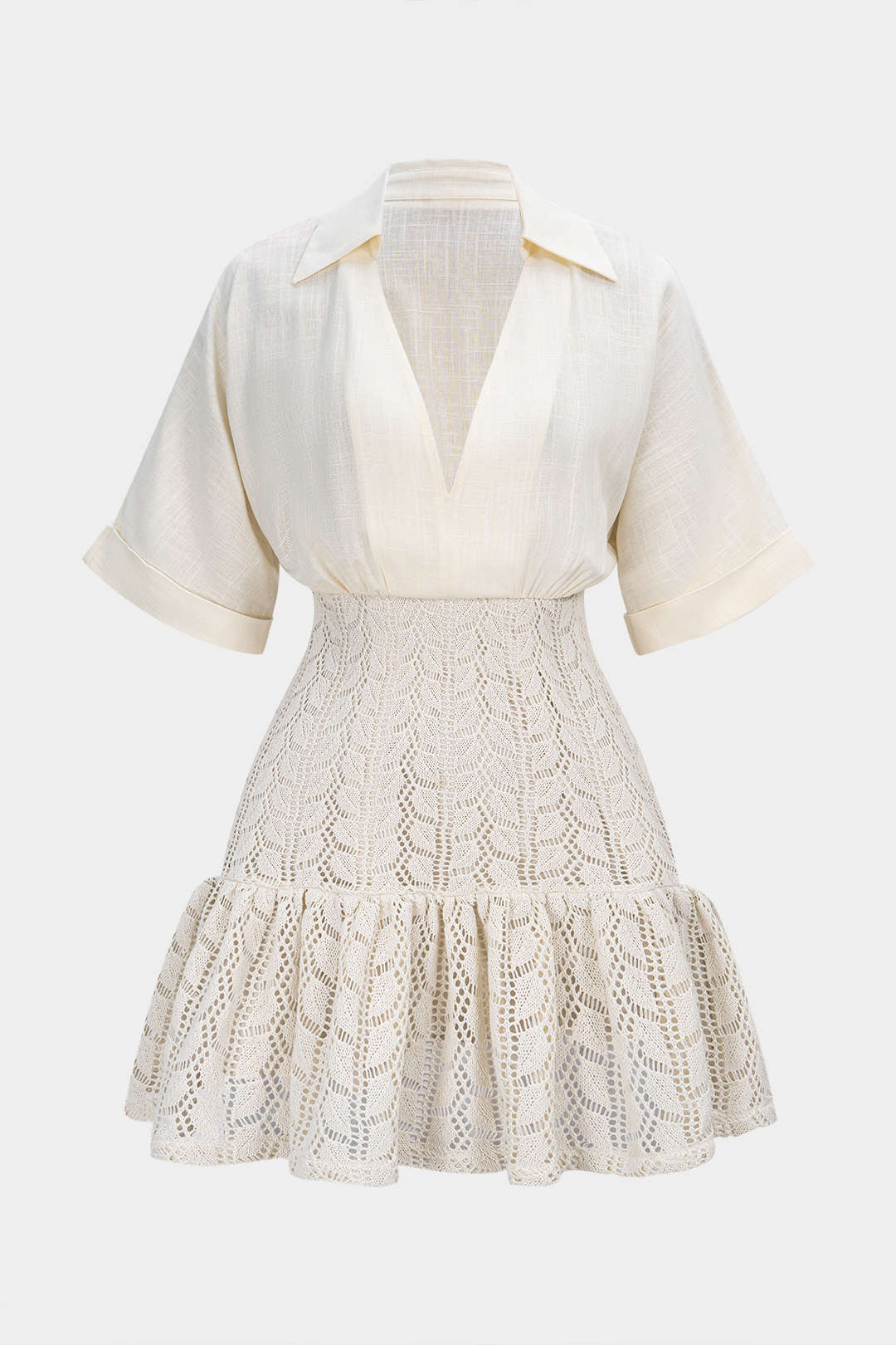 Jacquard Patchwork linen Ruched V-Neck Short Sleeve Mini Dress - Weenar