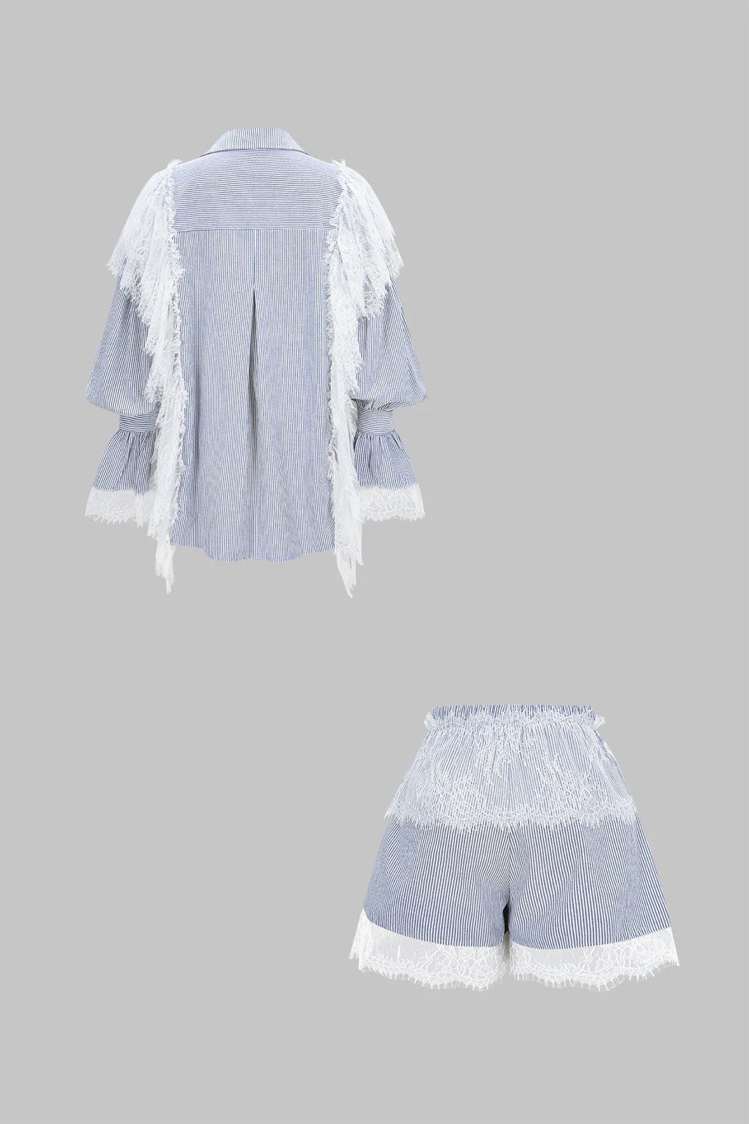 Stripes Print Patchwork Lace Lapel Flared Long Sleeve Shirt And Shirred Waistband Shorts Set - Weenar