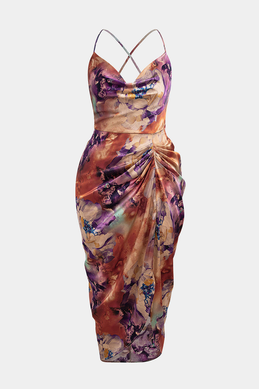 Plus Size Floral Print Satin Draped Cowl Neck Ruched Crossed Sleeveless Midi Dress - Weenar