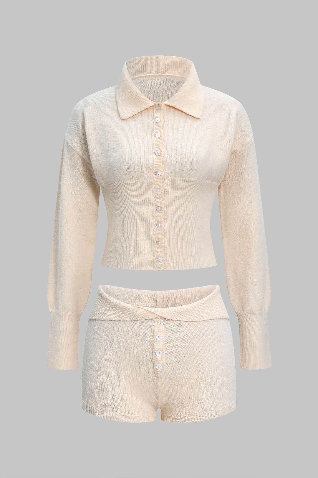 Knit Button Lapel Long-Sleeve Top And Shorts Set - Weenar