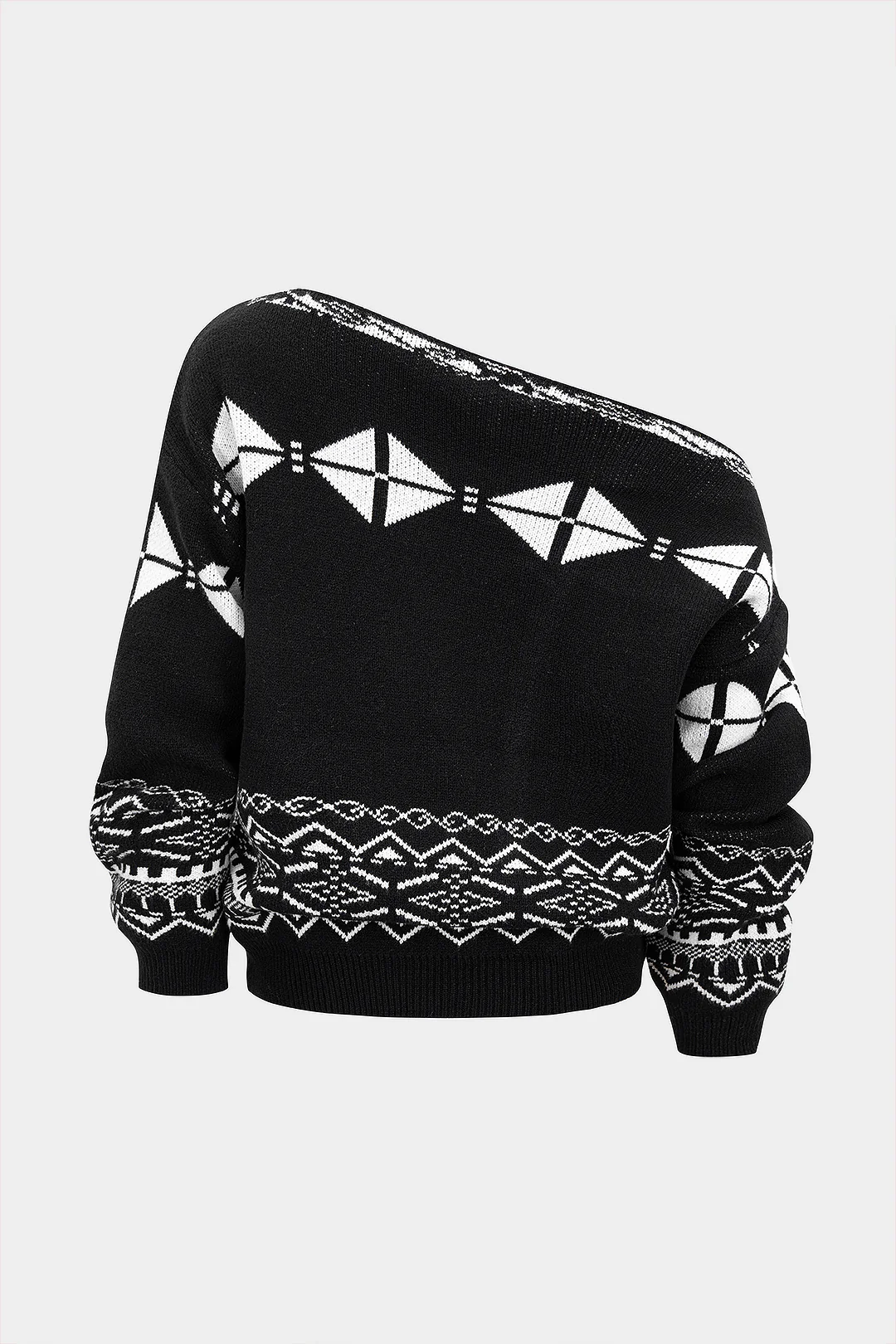 Knit Geometric Print Slant Shoulder Long-Sleeve Top - Weenar