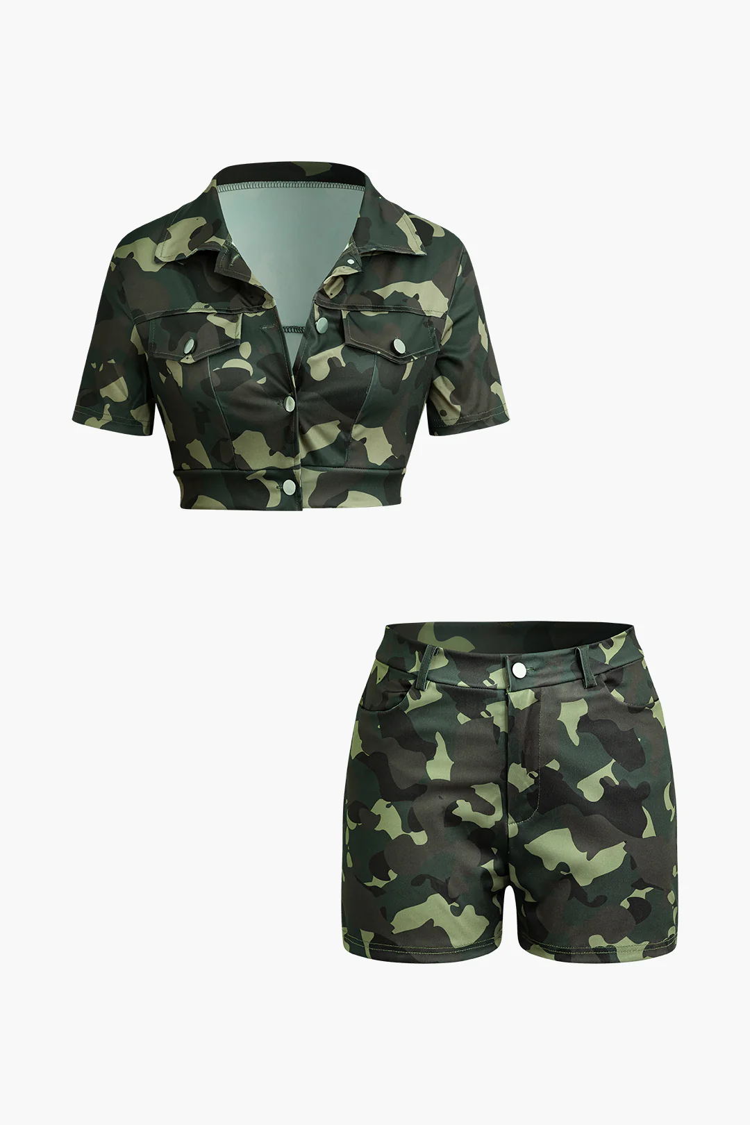 Camo Print V-Neck Button Short Sleeve Top And Shorts Set - Weenar