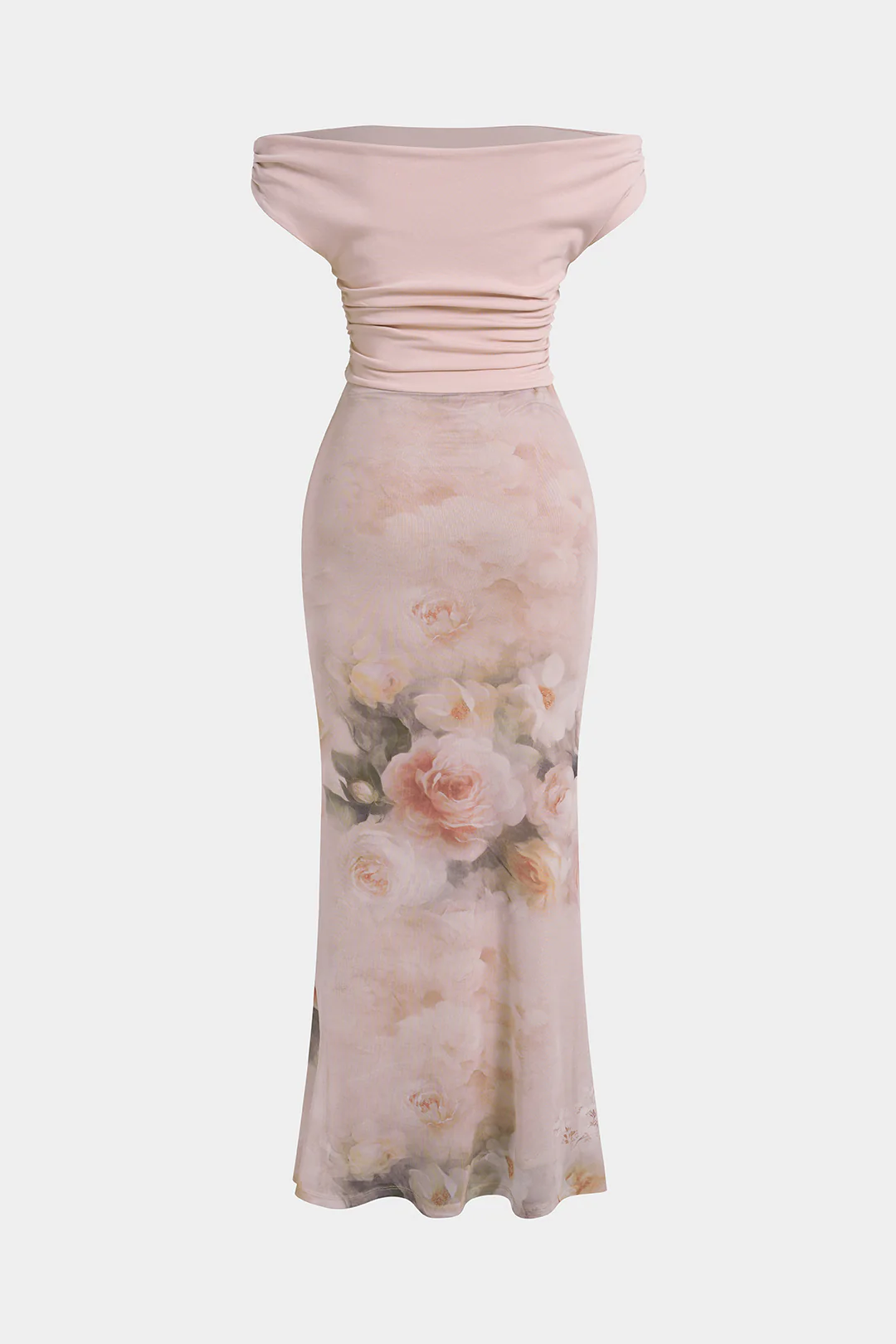 Foral Print Mesh Patchwork Off Shoulder Maxi Dress - Weenar