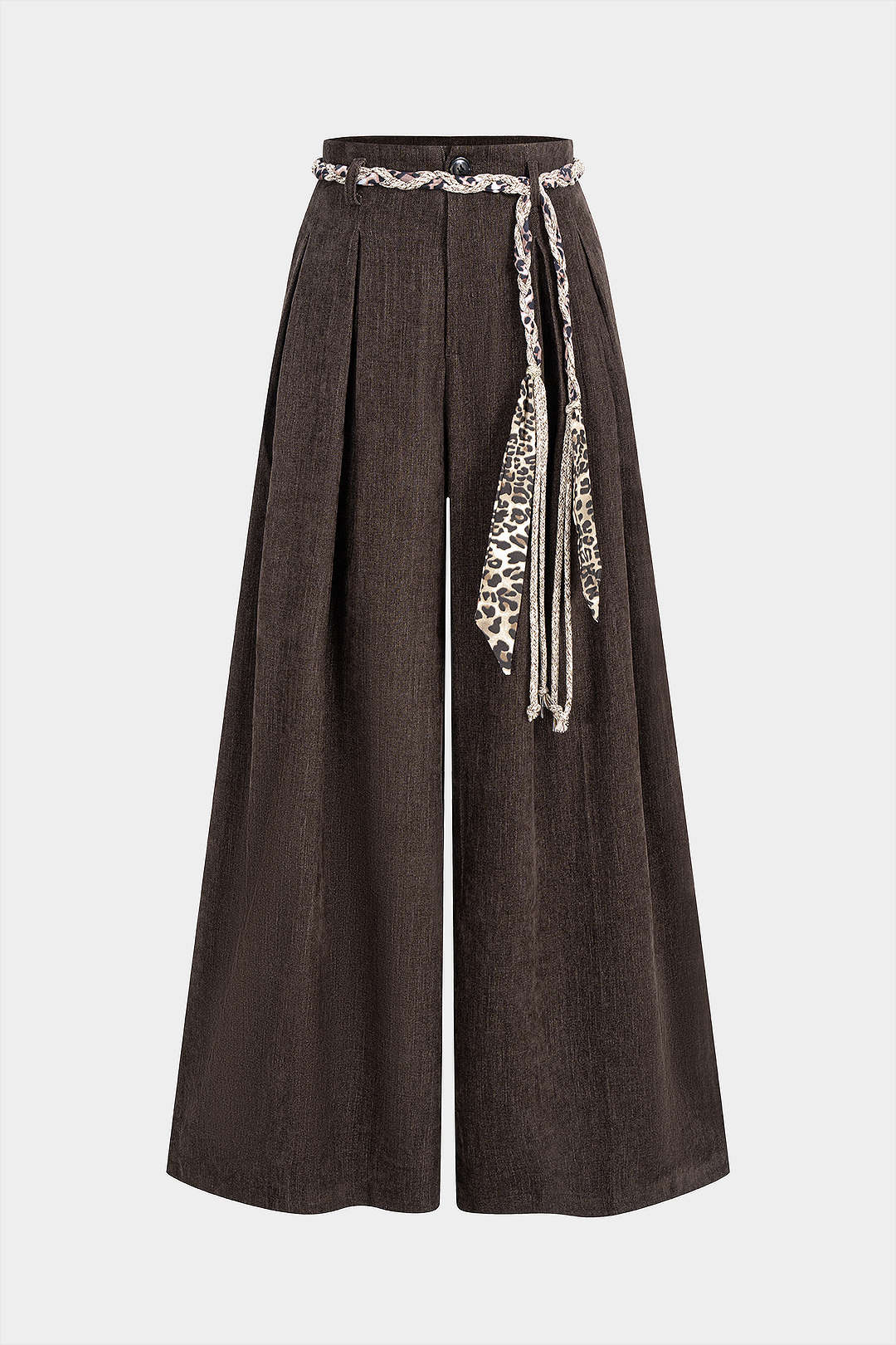 Leopard Print Braided Belted High Waist Pants - Weenar