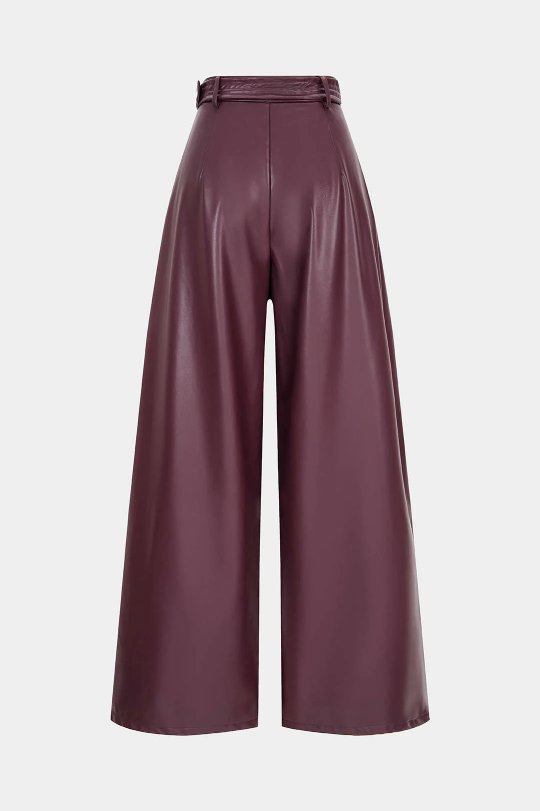 Faux Leather Belted Ruched Wide Leg Pants - Weenar