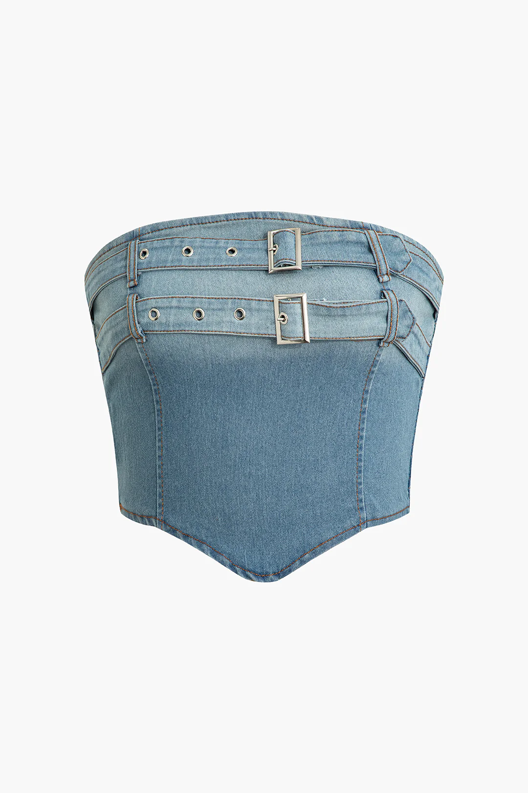 Denim Washed Asymmetrical Smocked Zipper Belted Tube Top - Weenar