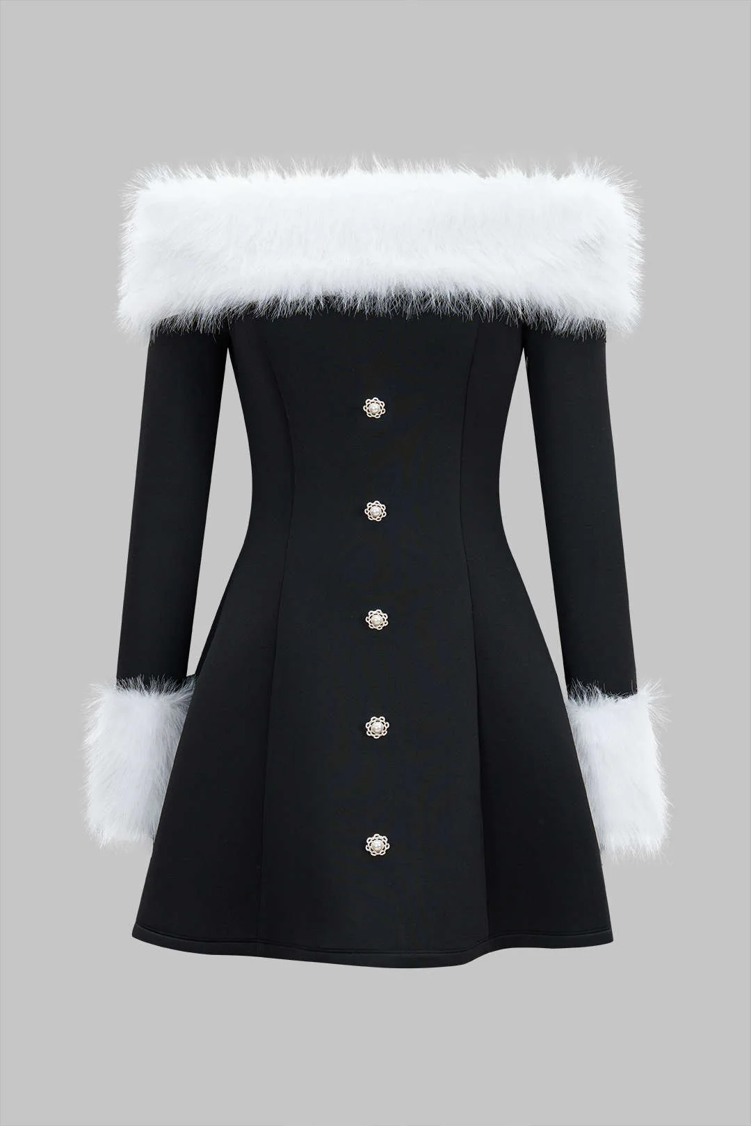 Fur Trim Patchwork Off-Shoulder Button Long Sleeve Mini Dress - Weenar