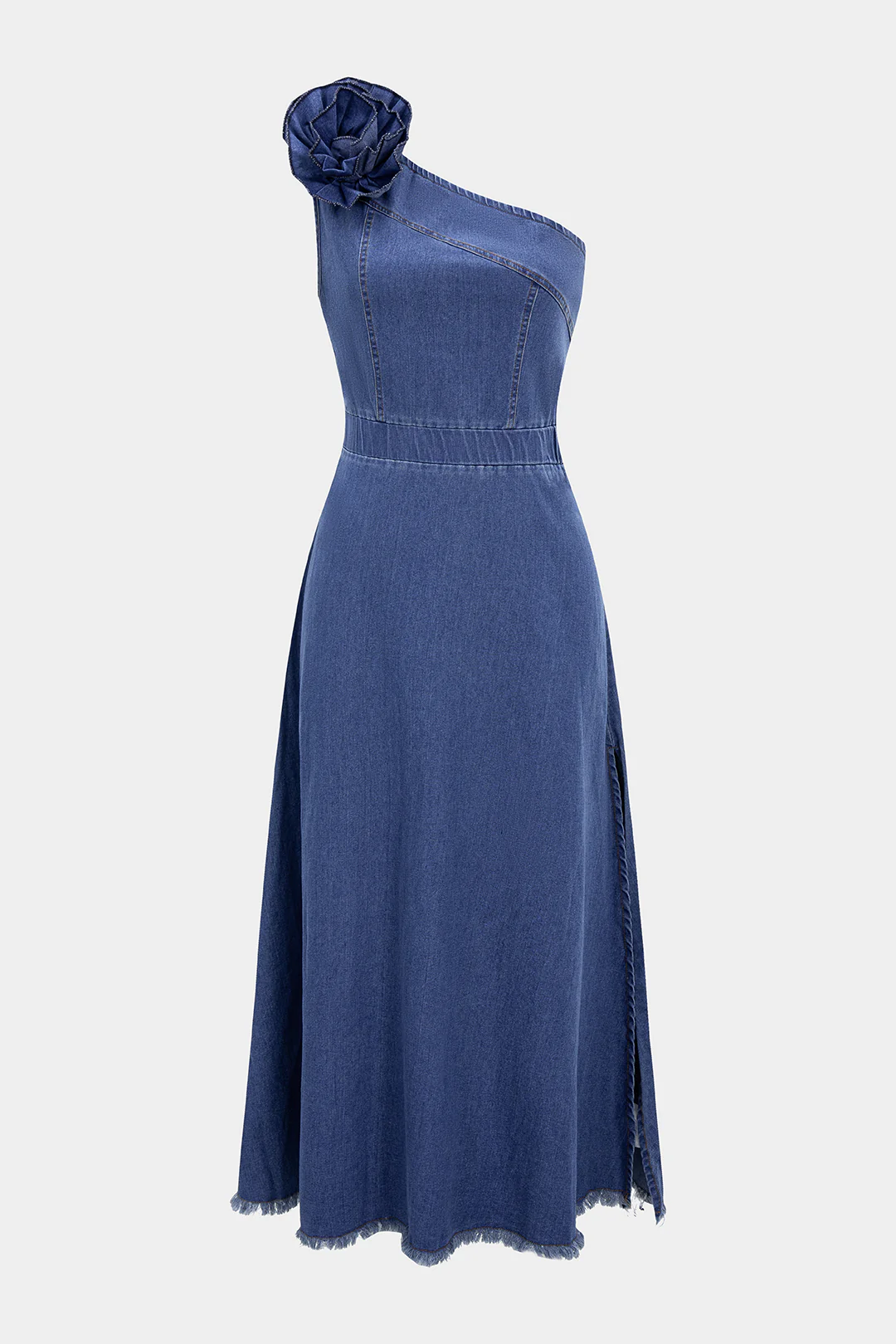 Denim 3D Floral One Shoulder Asymmetrical Sleeveless Dress - Weenar