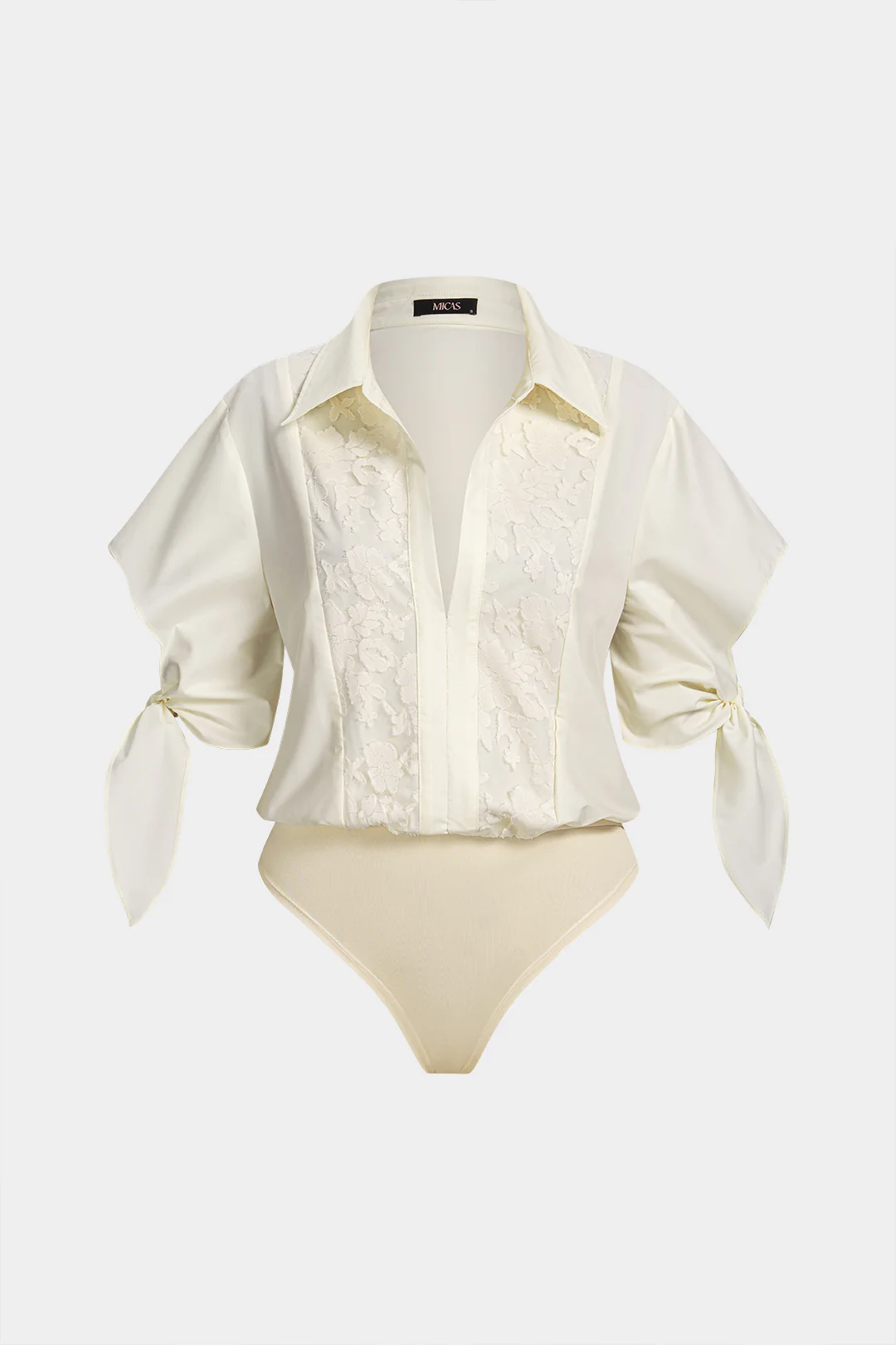 Lace Patchwork V-Neck Knotted Short Sleeve Bodysuit - Weenar