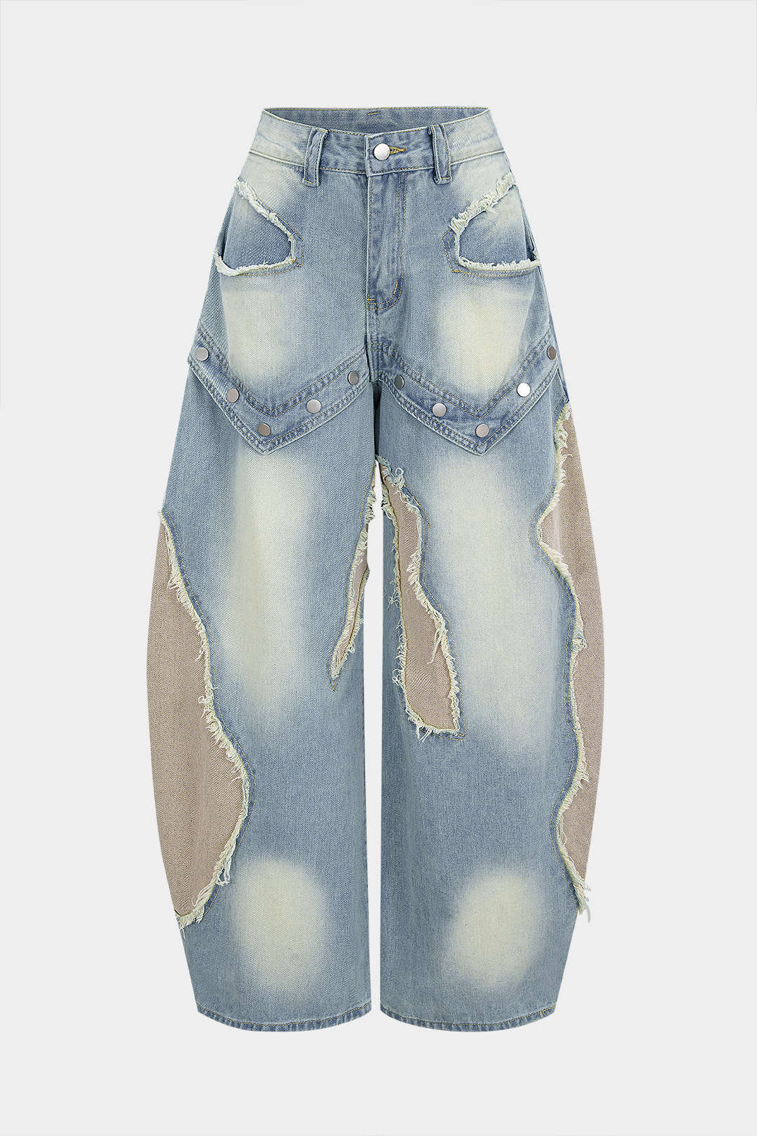 Denim Patchwork Frayed Rivets Straight-Leg Jeans - Weenar